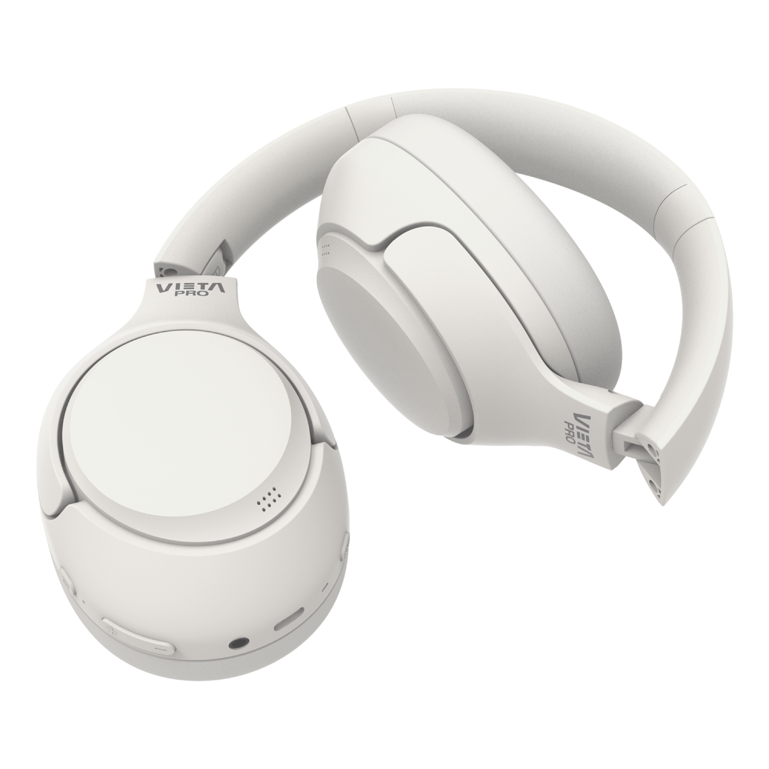 Auriculares blancos plegados sobre un fondo blanco. La marca 'Vista Pro' es visible.