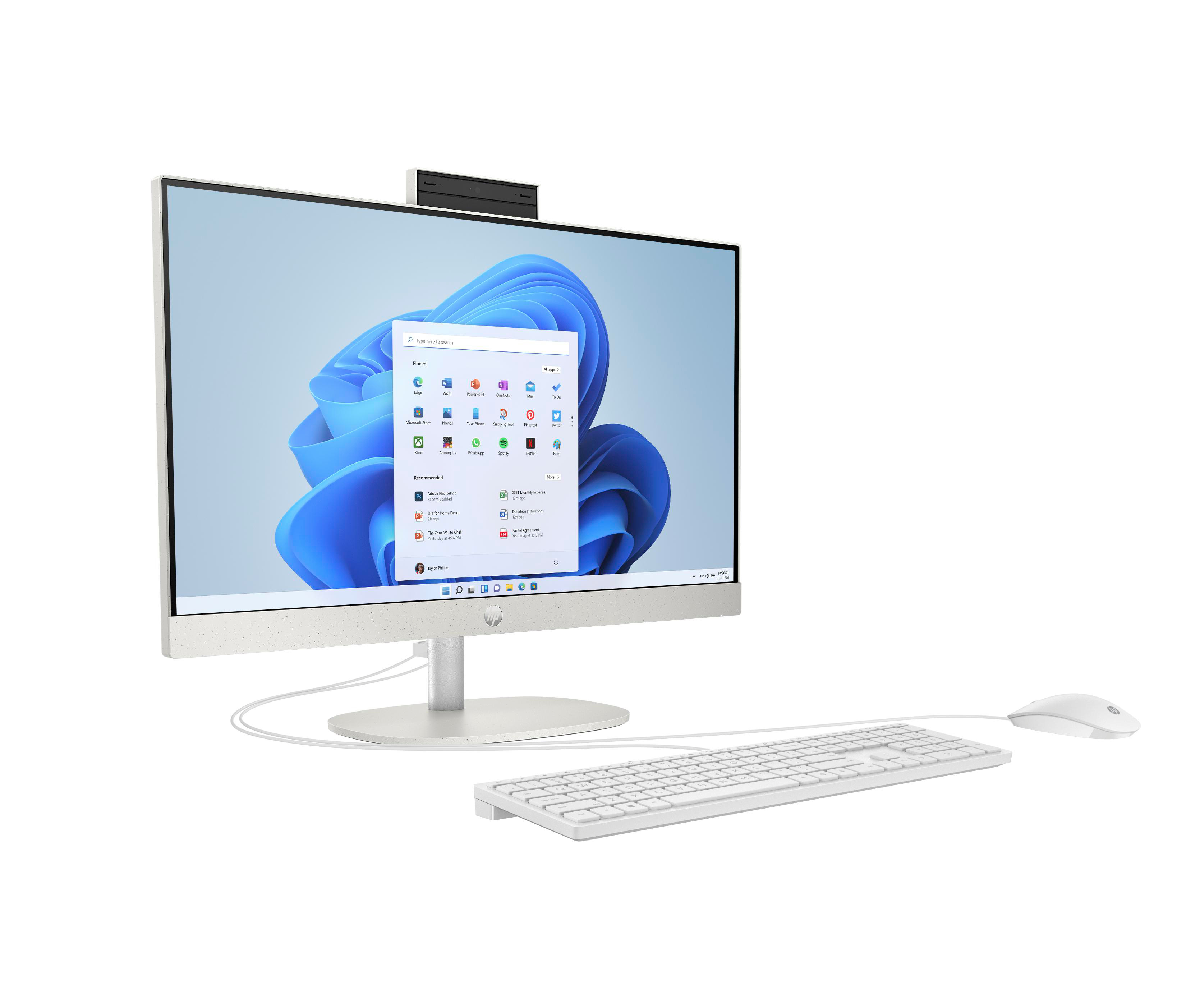 Ein weißer Computermonitor mit Tastatur und Maus. Der Bildschirm zeigt eine Benutzeroberfläche.