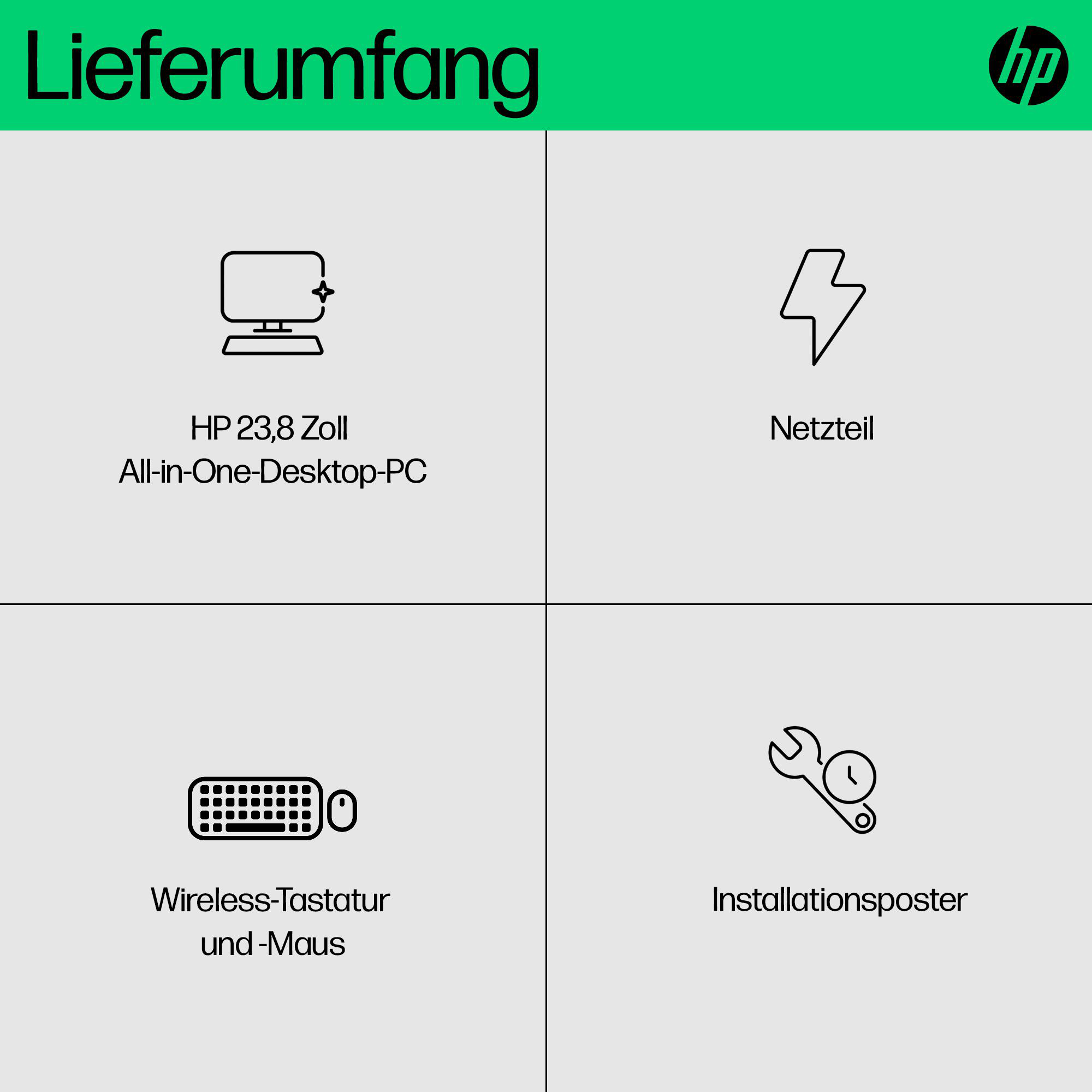Vier Symbole mit HP-Logo. Ein Computer, Netzteil, Tastatur und Maus sowie Installationsposter.