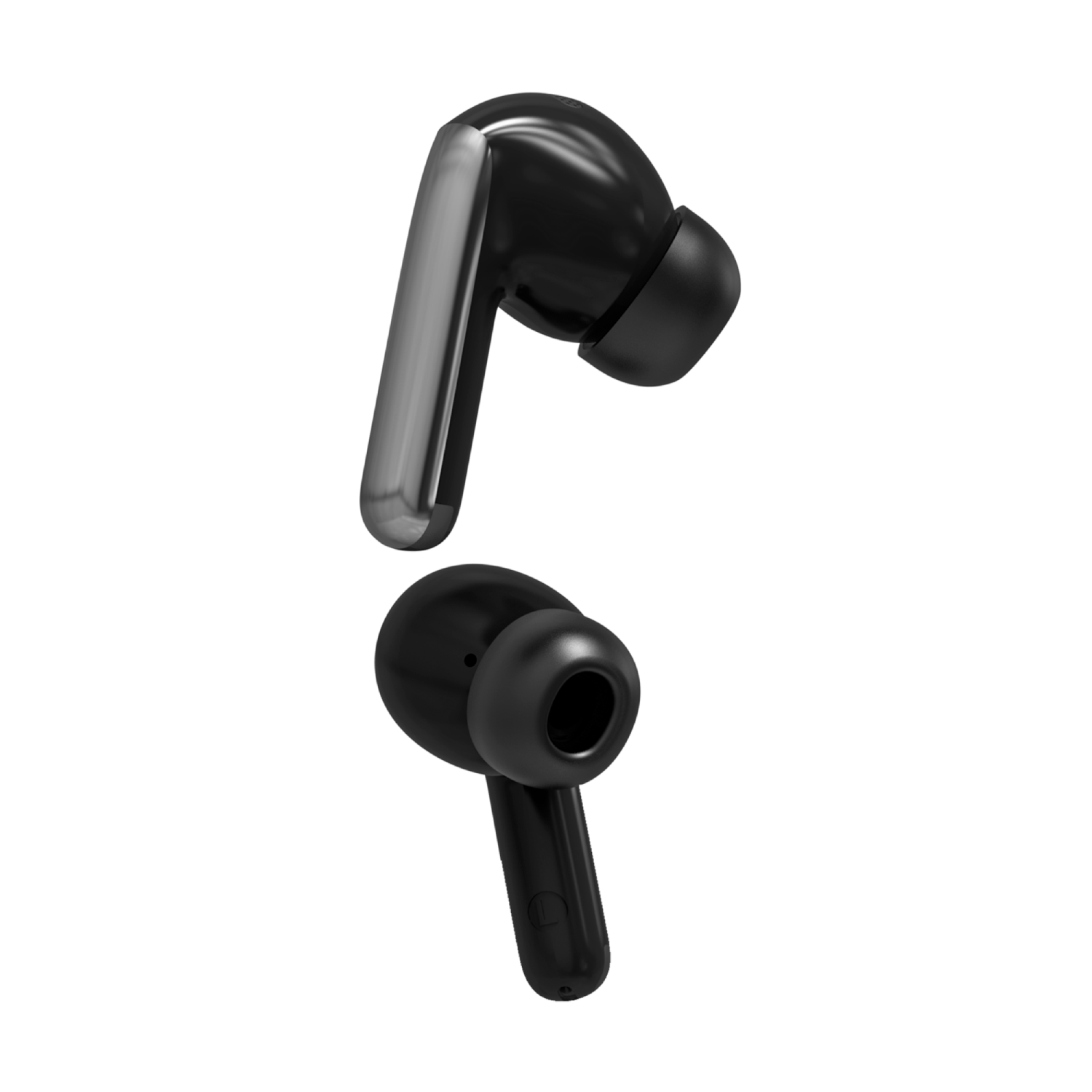 Dos auriculares inalámbricos negros con detalles plateados. Uno muestra la punta del oído.