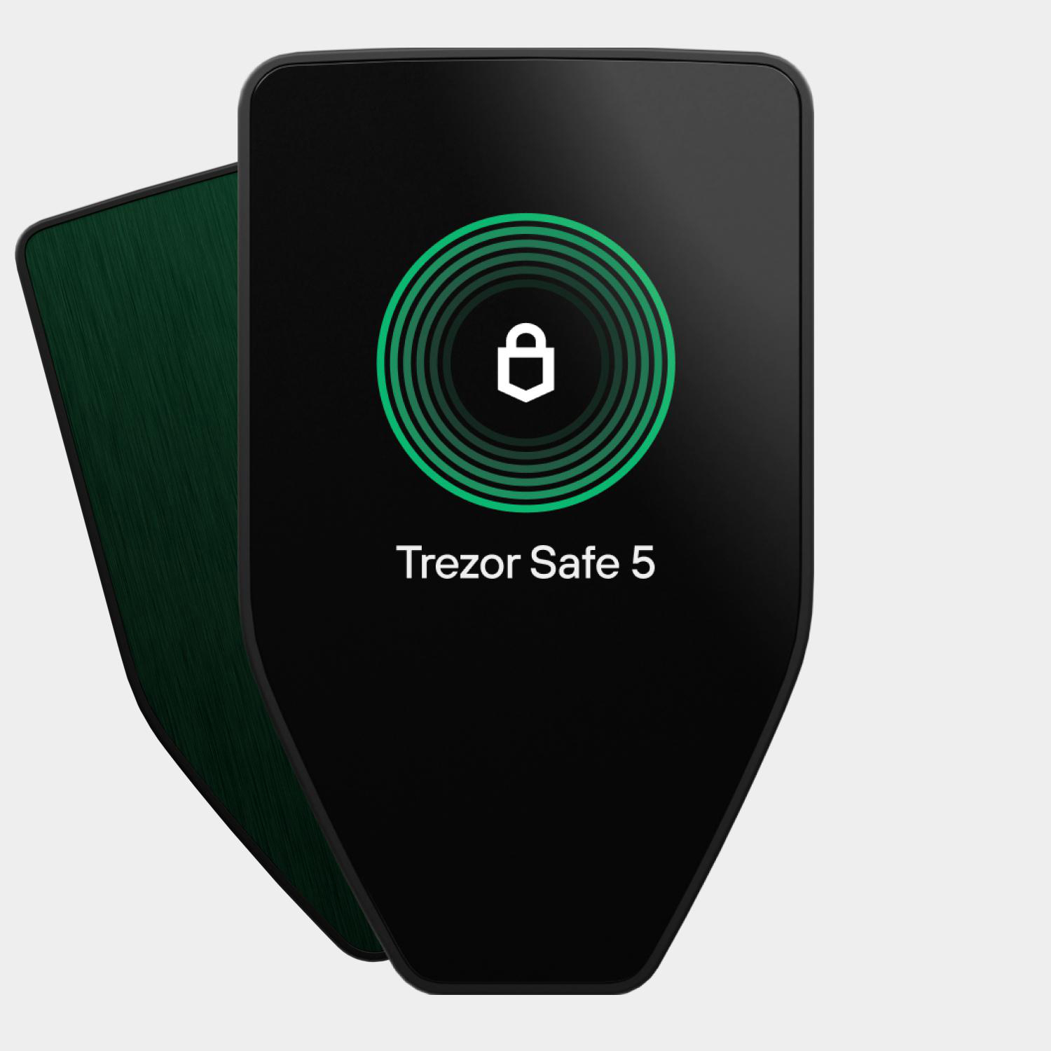 Trezor Safe 5 Hardware Wallet. Schwarzes und dunkelgrünes Design. Weißer Hintergrund.