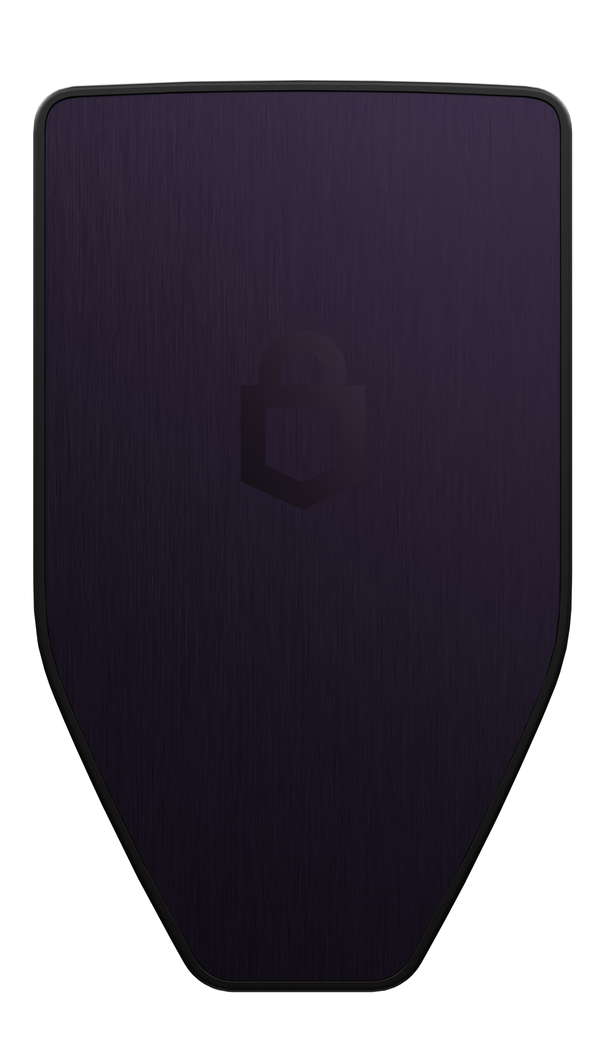 Ein dunkelviolettes schildförmiges Produkt mit schwarzem Rand und einem Schlosssymbol.
