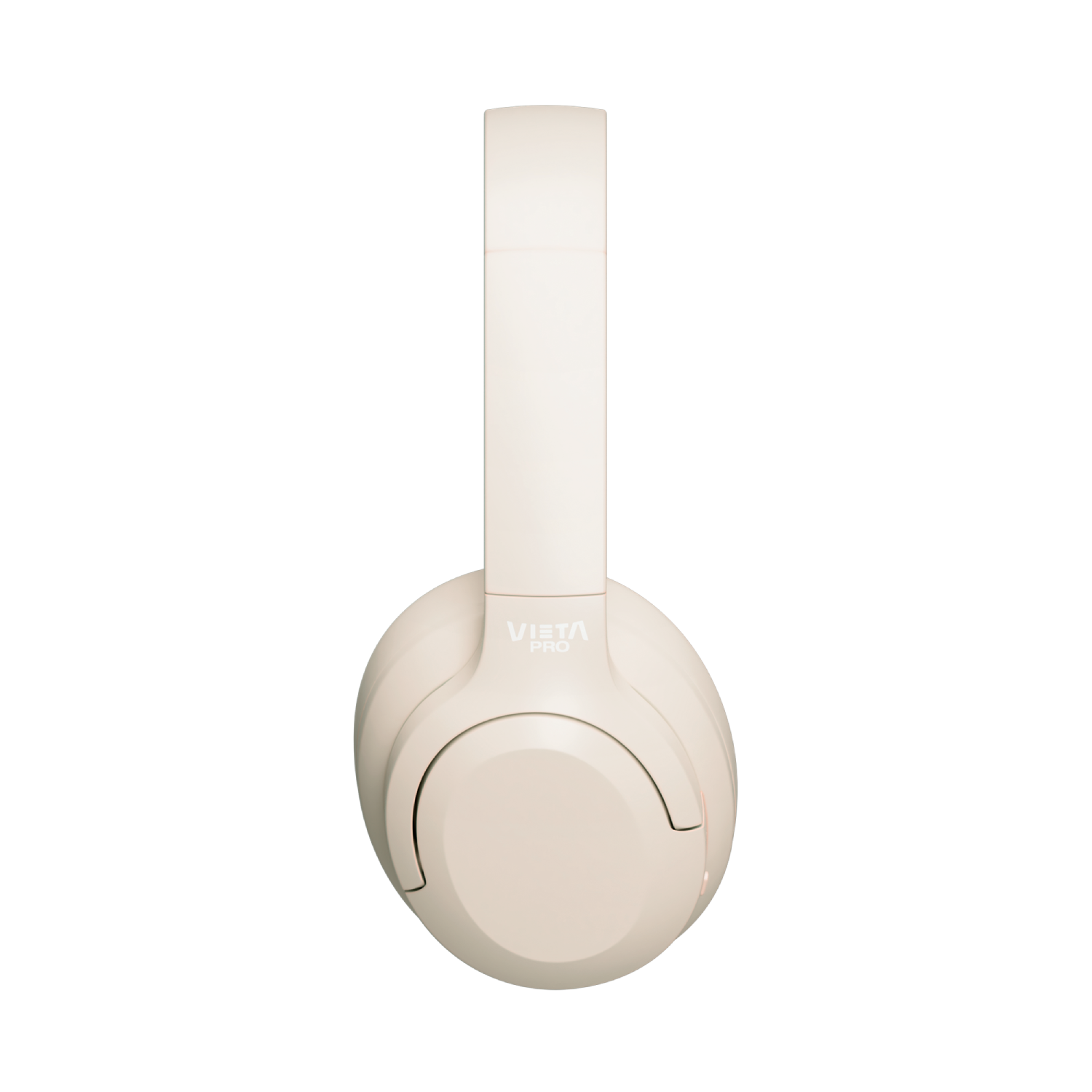 Auriculares Vista Pro blanco roto sobre fondo negro, mostrando detalles de diseño.