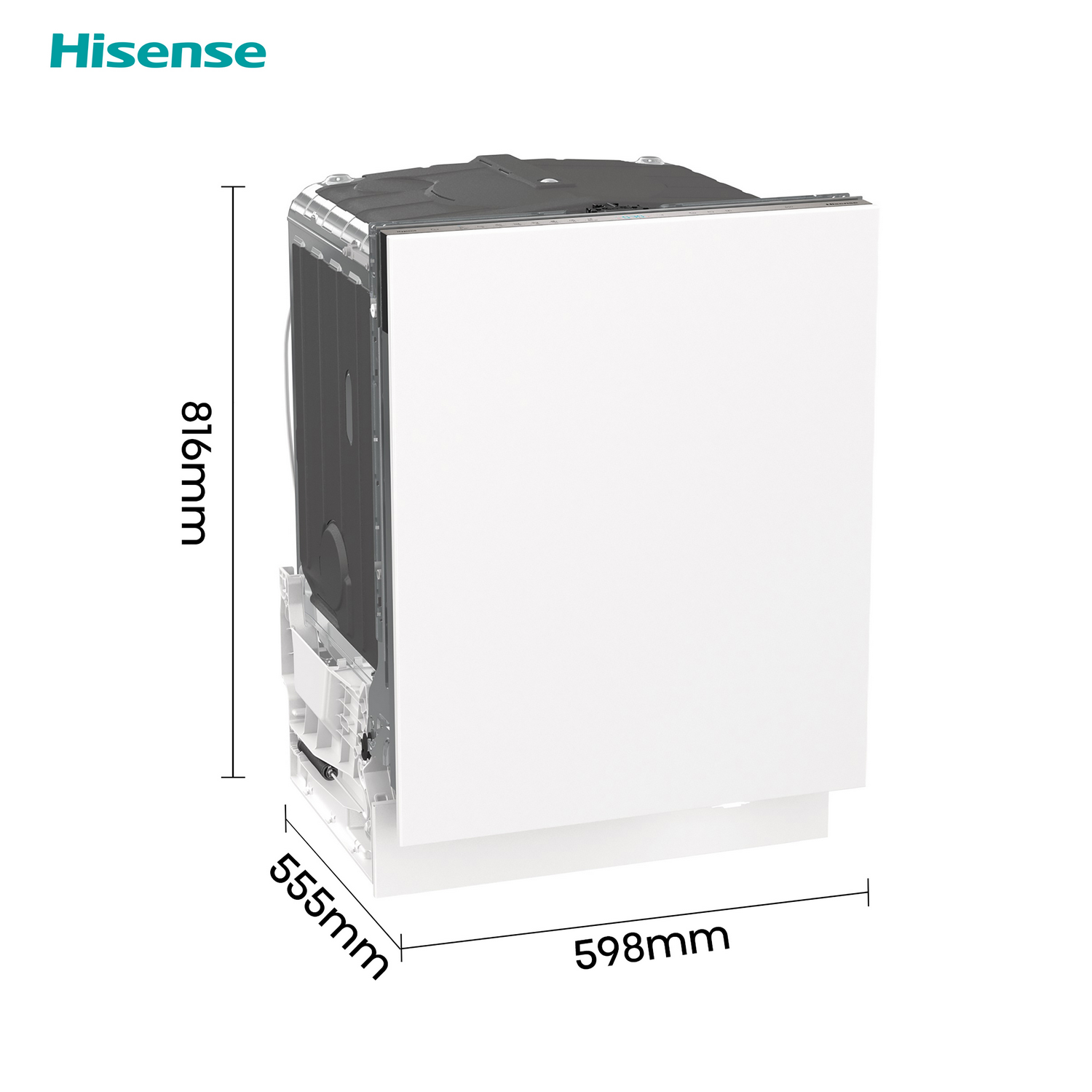 Un lavavajillas Hisense blanco con dimensiones indicadas en milímetros.