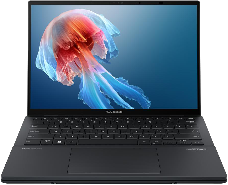 Laptop medúza képpel a képernyőn, nyitva, fekete keret.