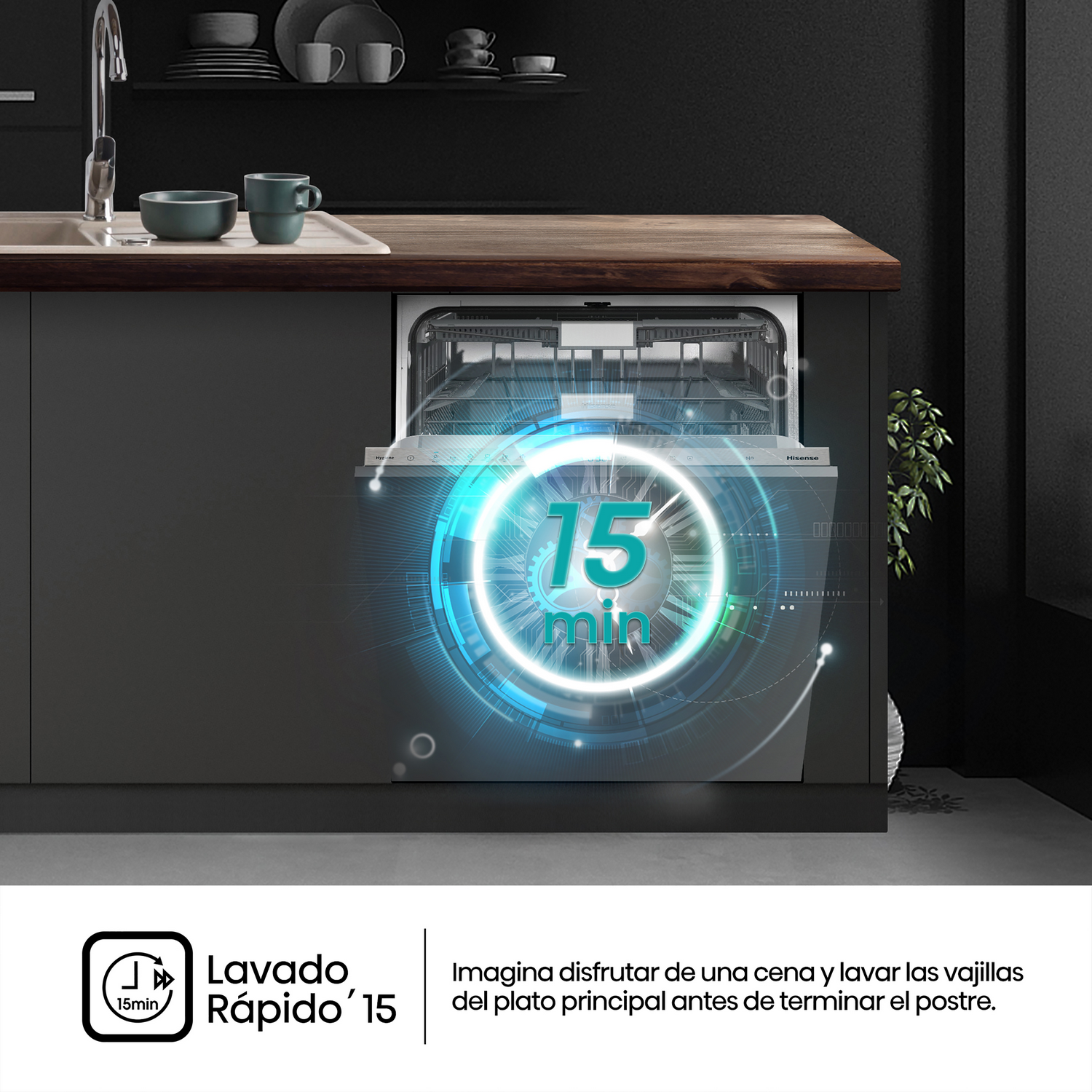 Una cocina moderna con un lavavajillas funcionando. El texto dice ciclo de lavado de 15 minutos. Los platos están dentro.