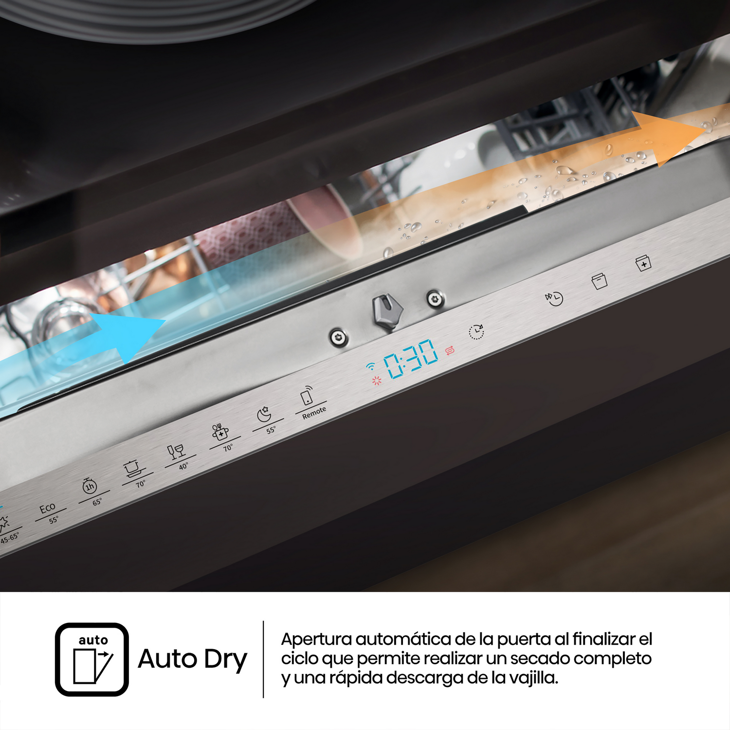Panel de control de lavavajillas con pantalla que muestra tiempo, botones y flechas.