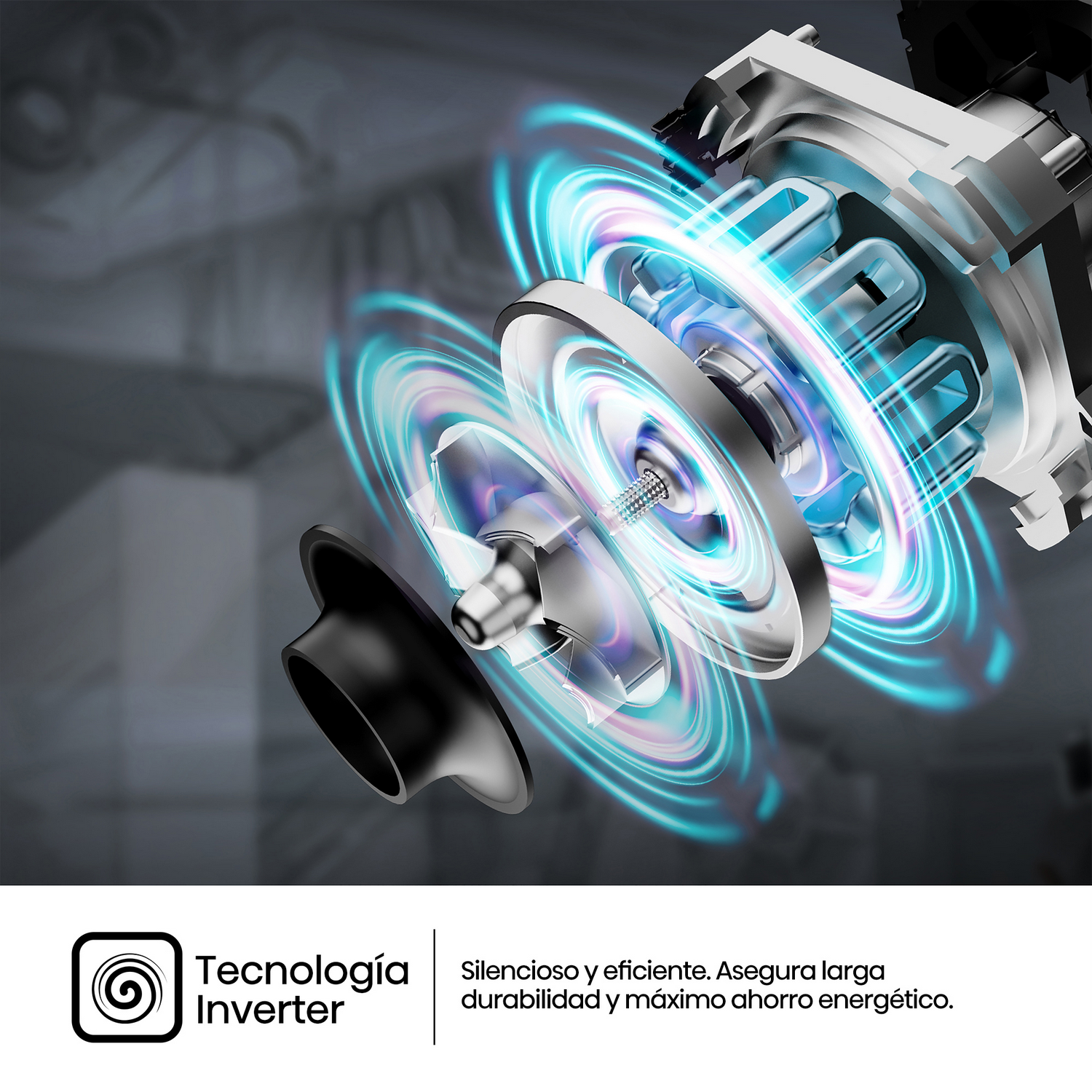Corte de una máquina con un patrón arremolinado azul y blanco, y un logotipo con las palabras: Tecnologia Inverter.