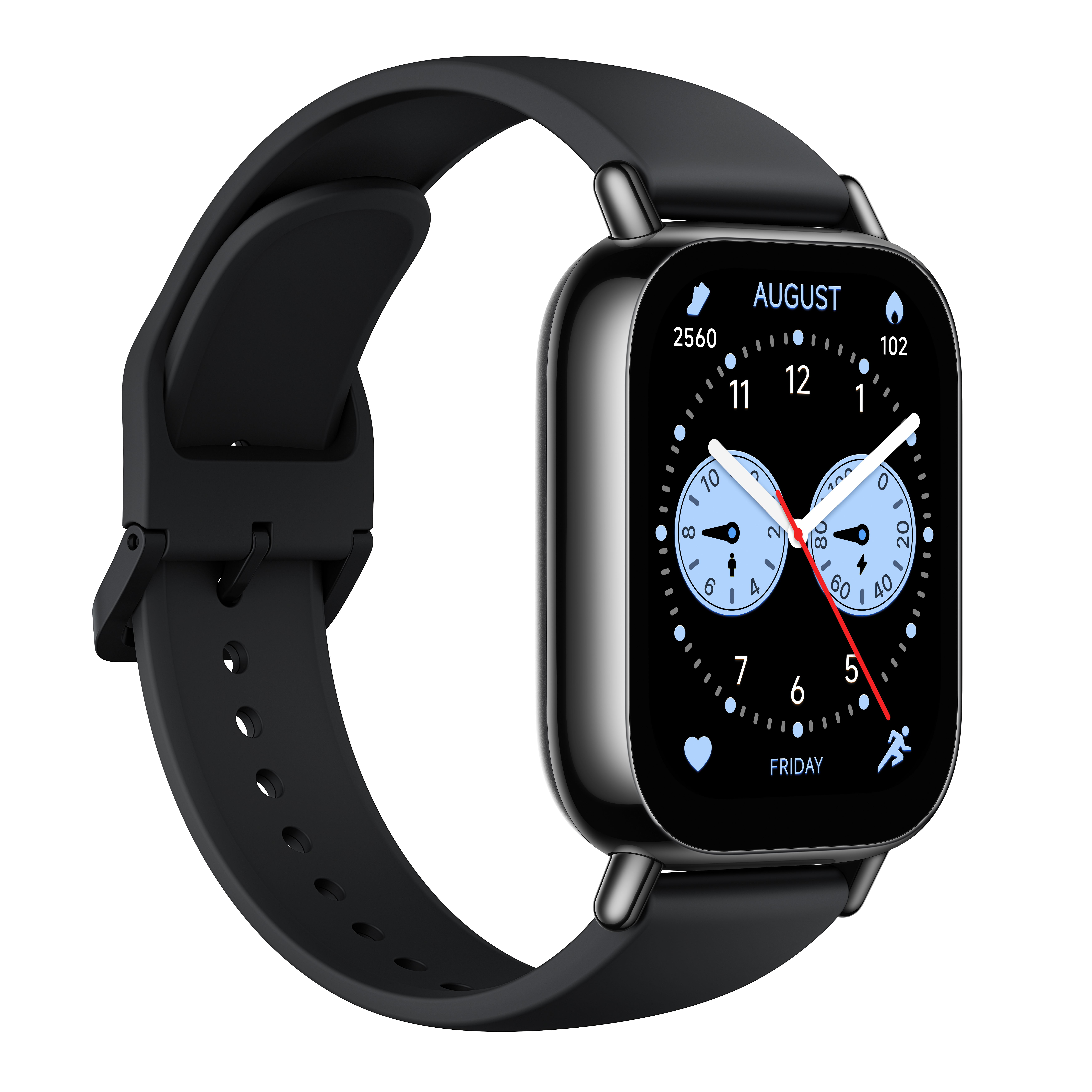 Tarihi ve saati gösteren kare ekranlı siyah bir akıllı saat.