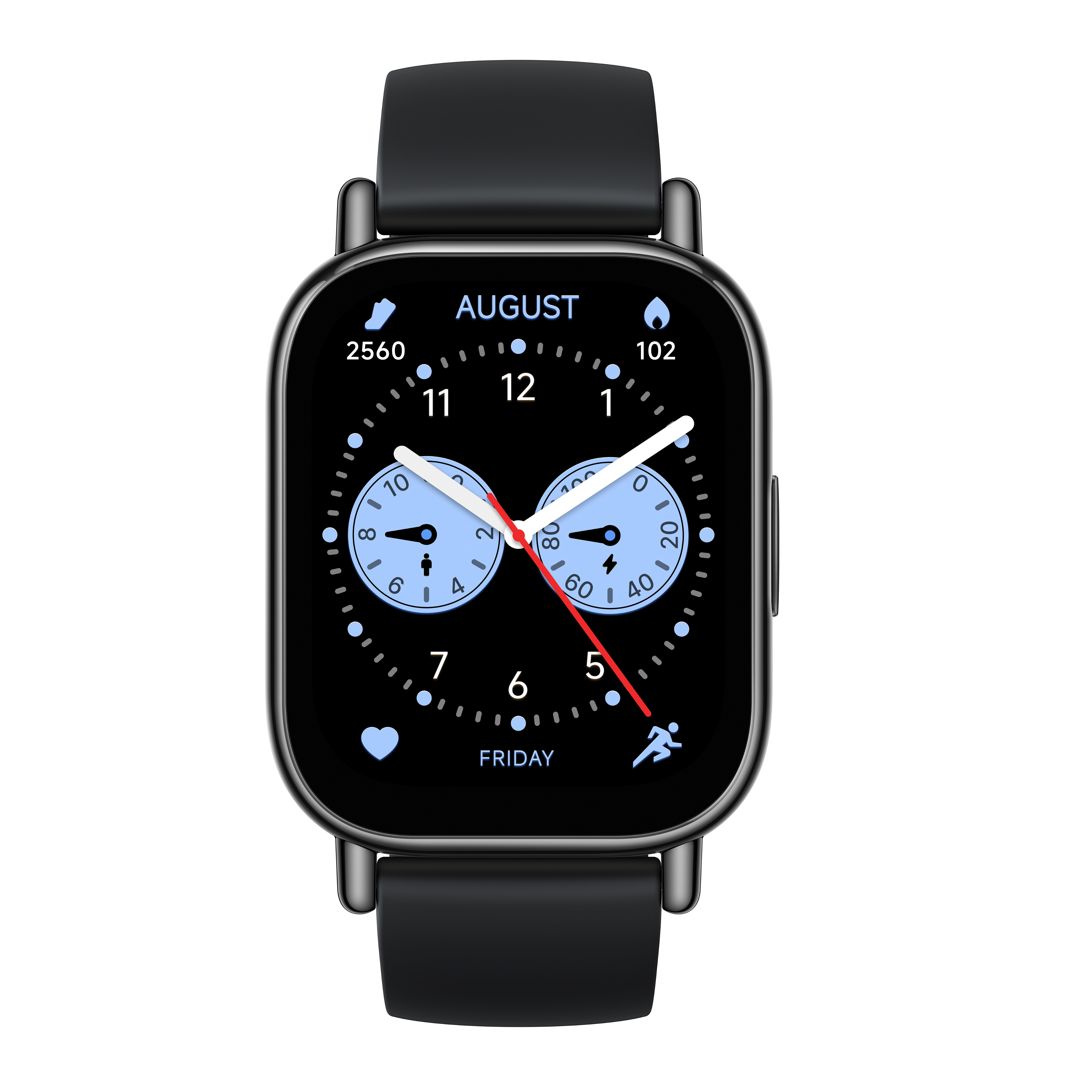 Akıllı saat, siyah bir arka planda zamanı, tarihi, aktivite halkalarını ve kalp atış hızını gösteriyor.