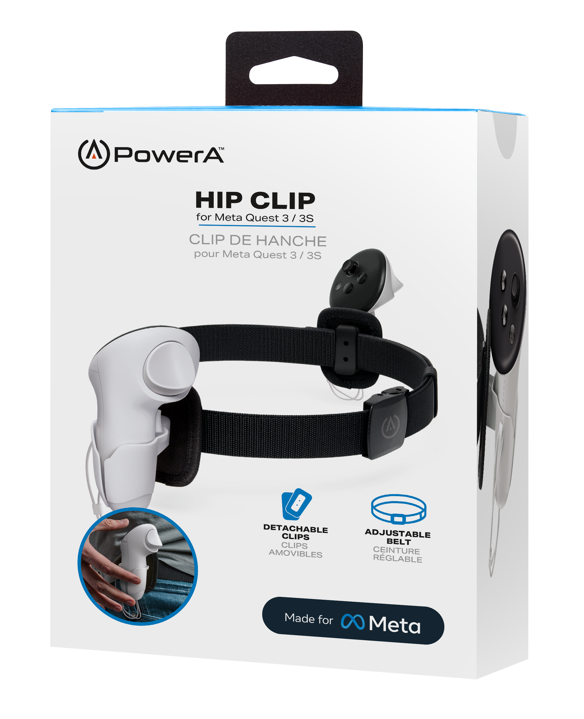 Eine weiße Box zeigt ein VR-Zubehör, einen schwarzen Hüftclip für Meta Quest 3/3S. Er hat einen verstellbaren Gürtel und abnehmbare Clips.