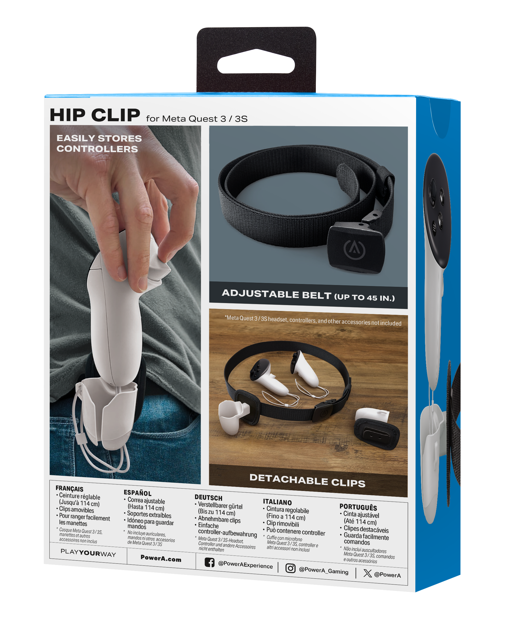 Produktbox für einen Meta Quest 3/3S Hüftclip, zeigt Produkt und Zubehör.