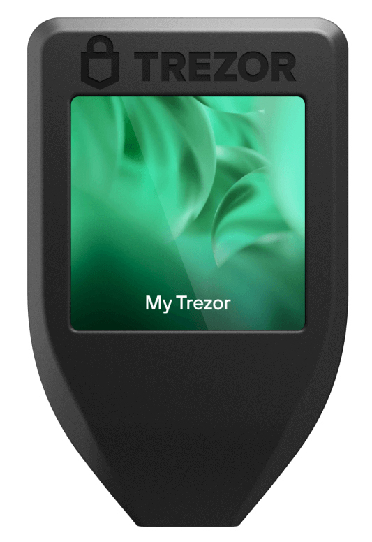 Eine schwarze Trezor Hardware-Wallet mit Bildschirm, der "My Trezor" und grünen Hintergrund anzeigt.
