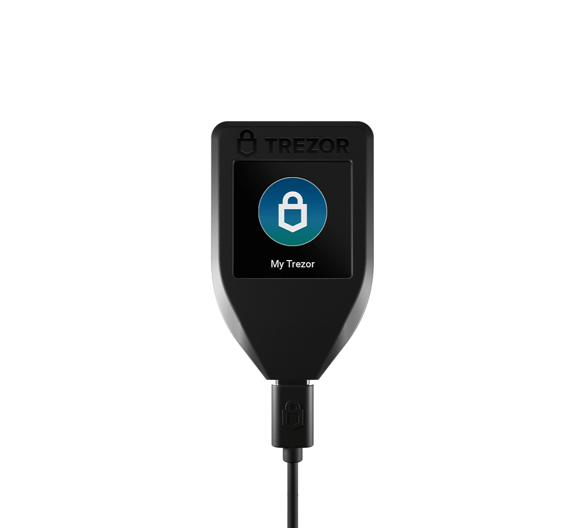 Ein schwarzes Trezor-Gerät mit einem Bildschirm, auf dem ein Schlosssymbol angezeigt wird. Ein Kabel ist angeschlossen.