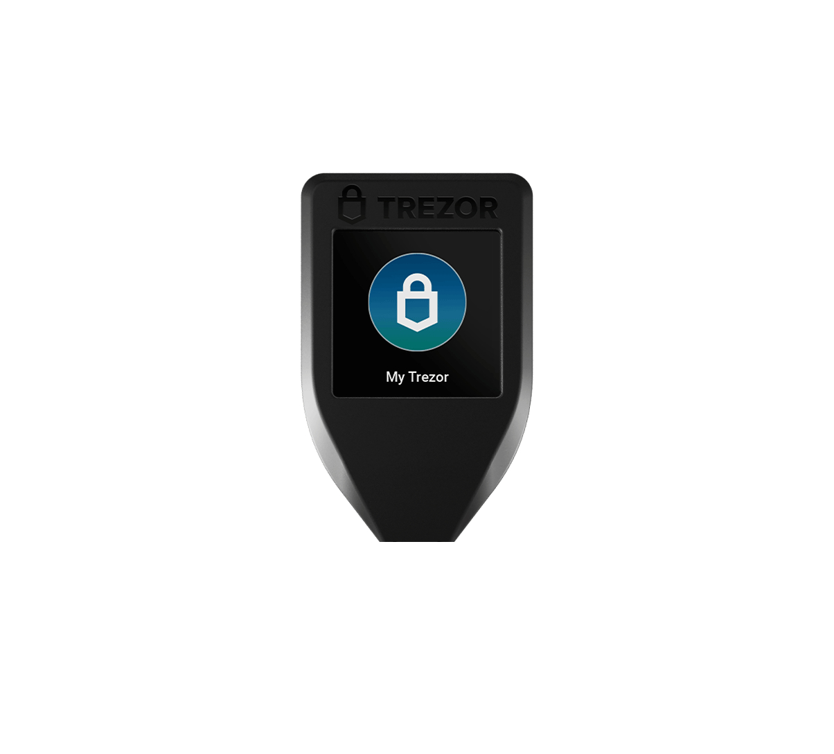 Eine schwarze Trezor Hardware-Wallet. Sie hat einen Bildschirm, der ein Schlosssymbol und das Trezor-Logo anzeigt.