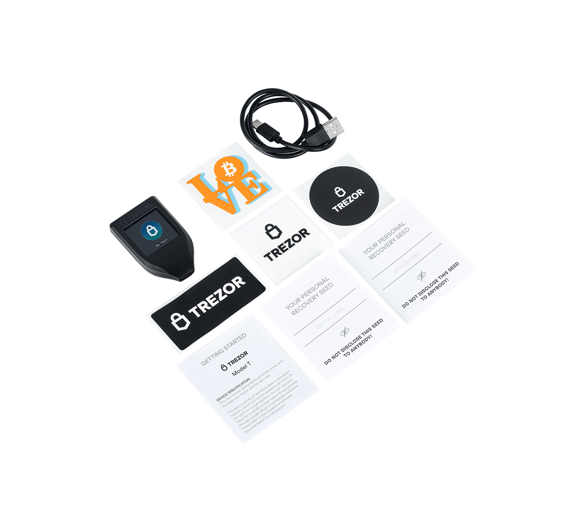 Hardware-Wallet für Kryptowährungen mit Zubehör: Aufkleber, Kabel, Karten.