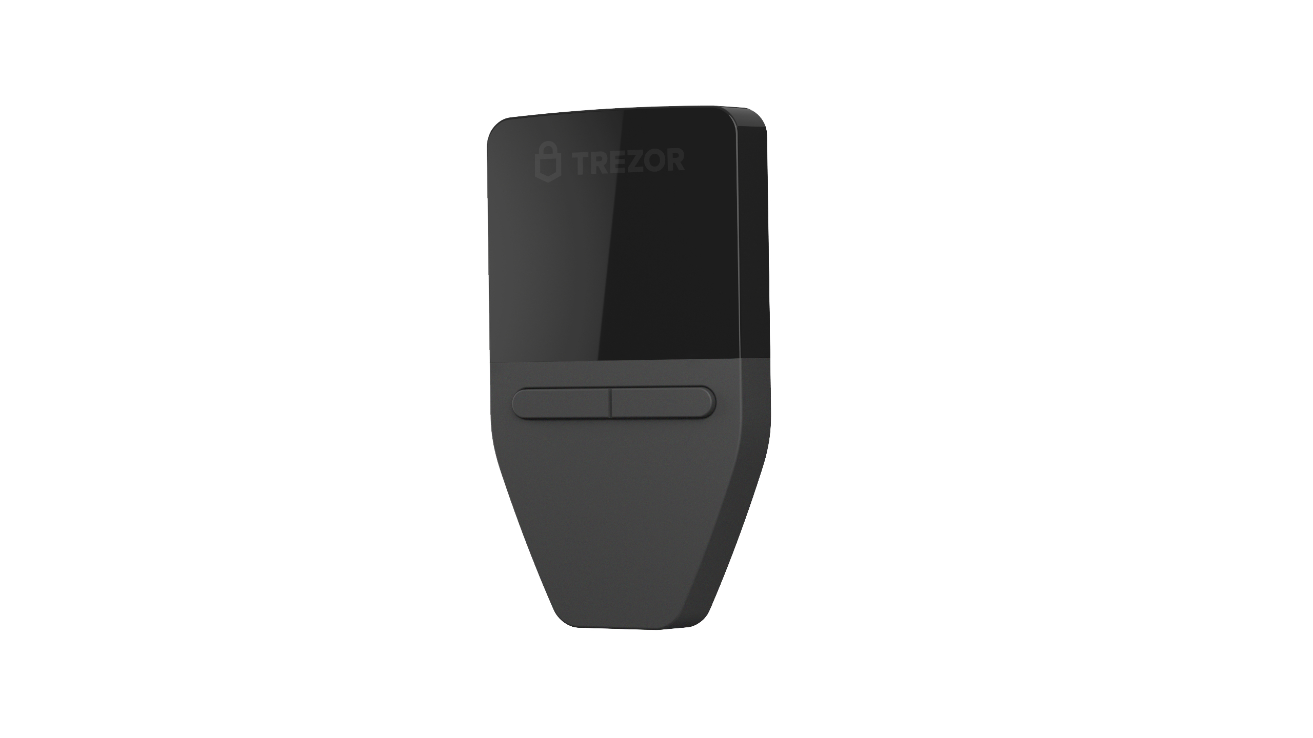 Ein schwarzes digitales Wallet-Gerät mit zwei Tasten und einem Bildschirm. Die Marke Trezor wird auf dem Gerät angezeigt.