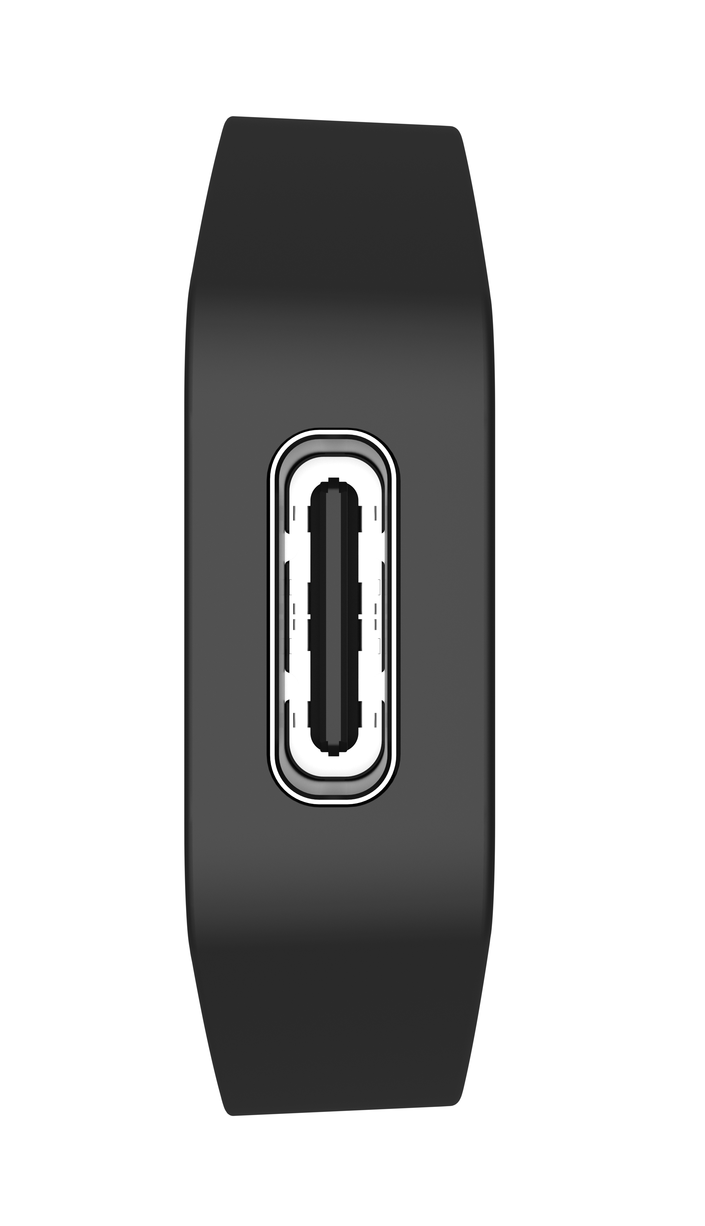 Schwarzer USB-C-Anschluss, Draufsicht. Schlankes Design, metallisches Innenleben.
