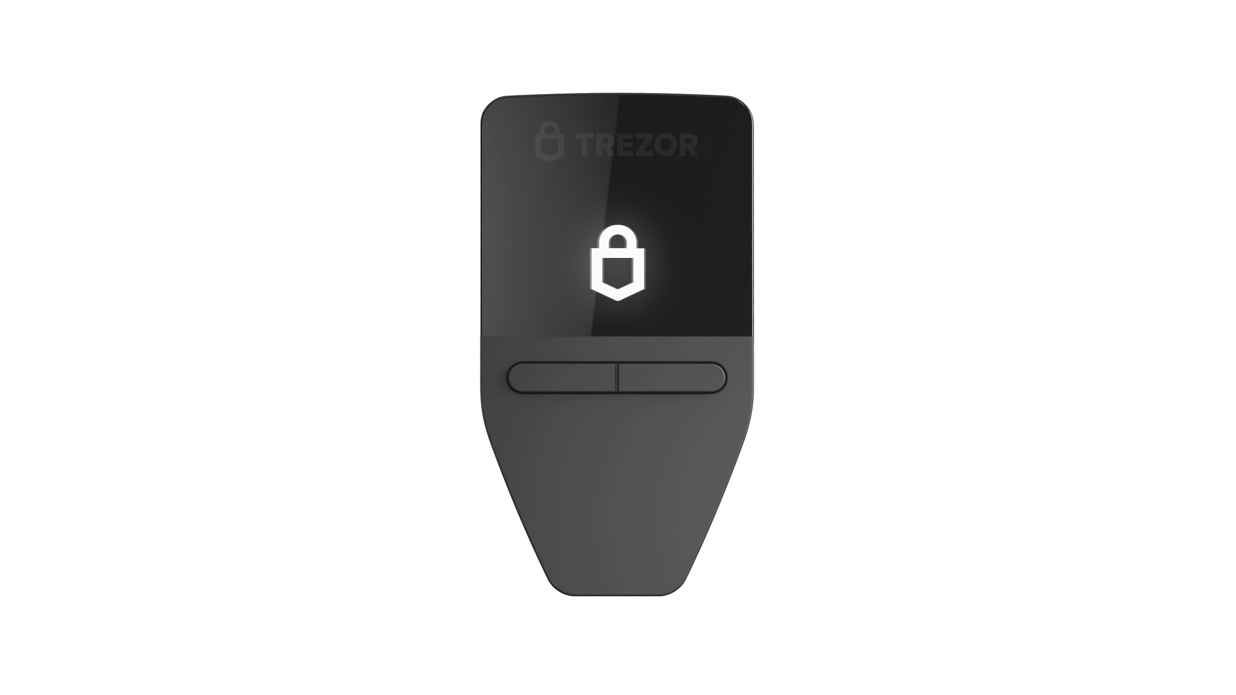 Eine schwarze Trezor Hardware-Wallet mit einem Schloss-Symbol. Das Trezor-Logo befindet sich oben.
