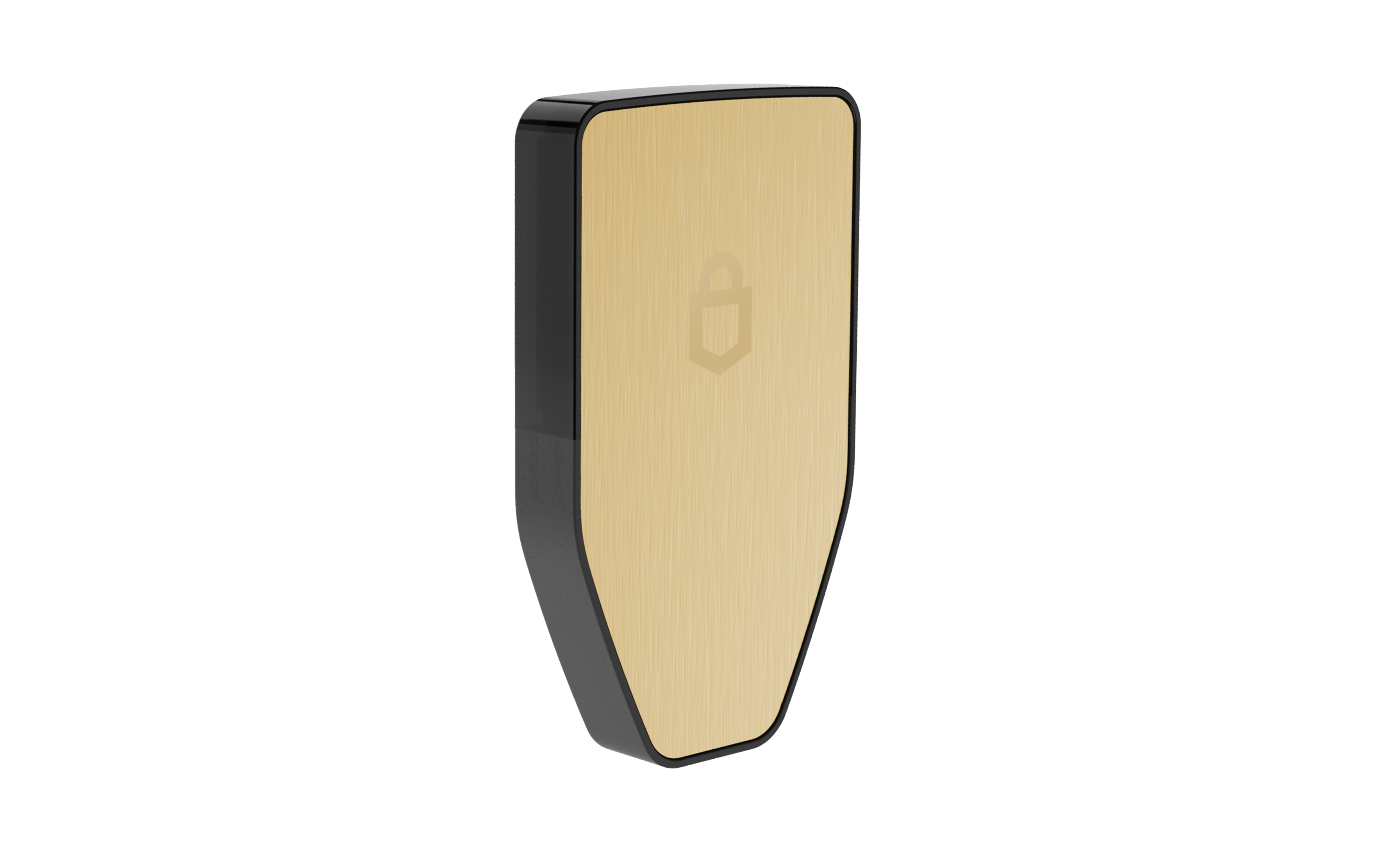 Goldenes und schwarzes Smart Lock. Das Schloss ist auf weißem Hintergrund montiert.