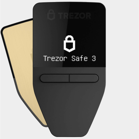 Trezor Safe 3, eine Hardware-Wallet für Kryptowährungen in Schwarz und Gold.