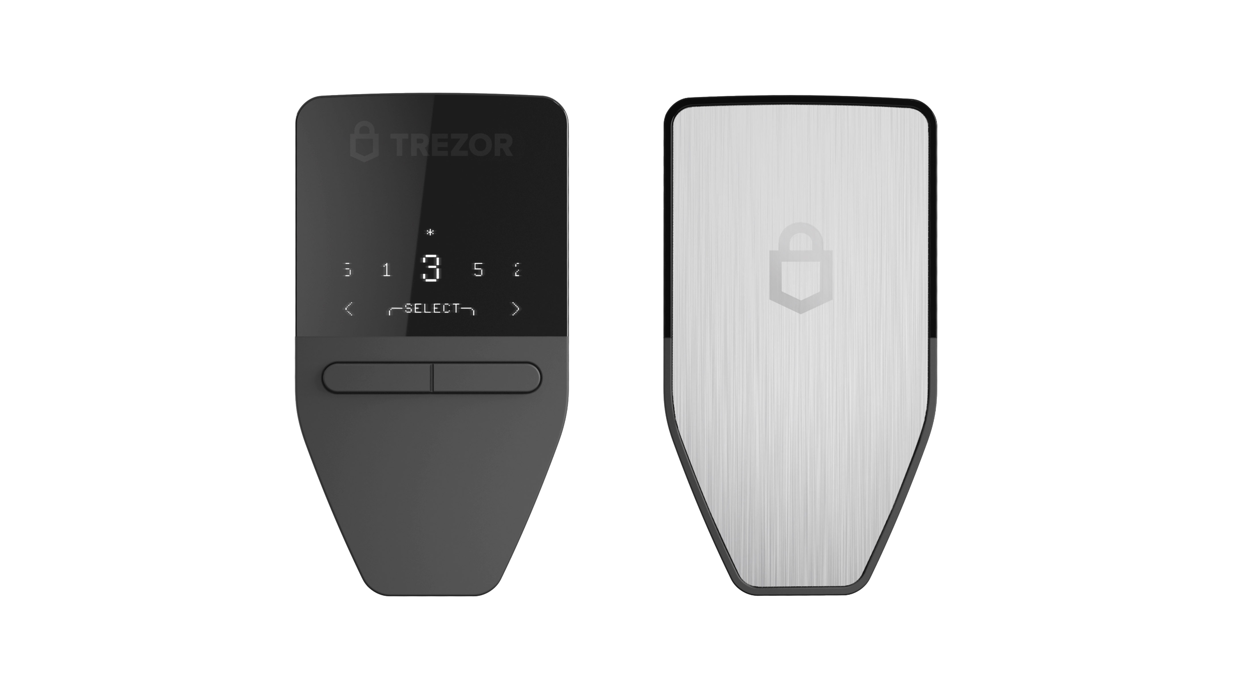 Schwarzes und silbernes Hardware-Wallet. Zeigt einen Bildschirm mit Zahlen und Pfeilen. Zwei Knöpfe unten.