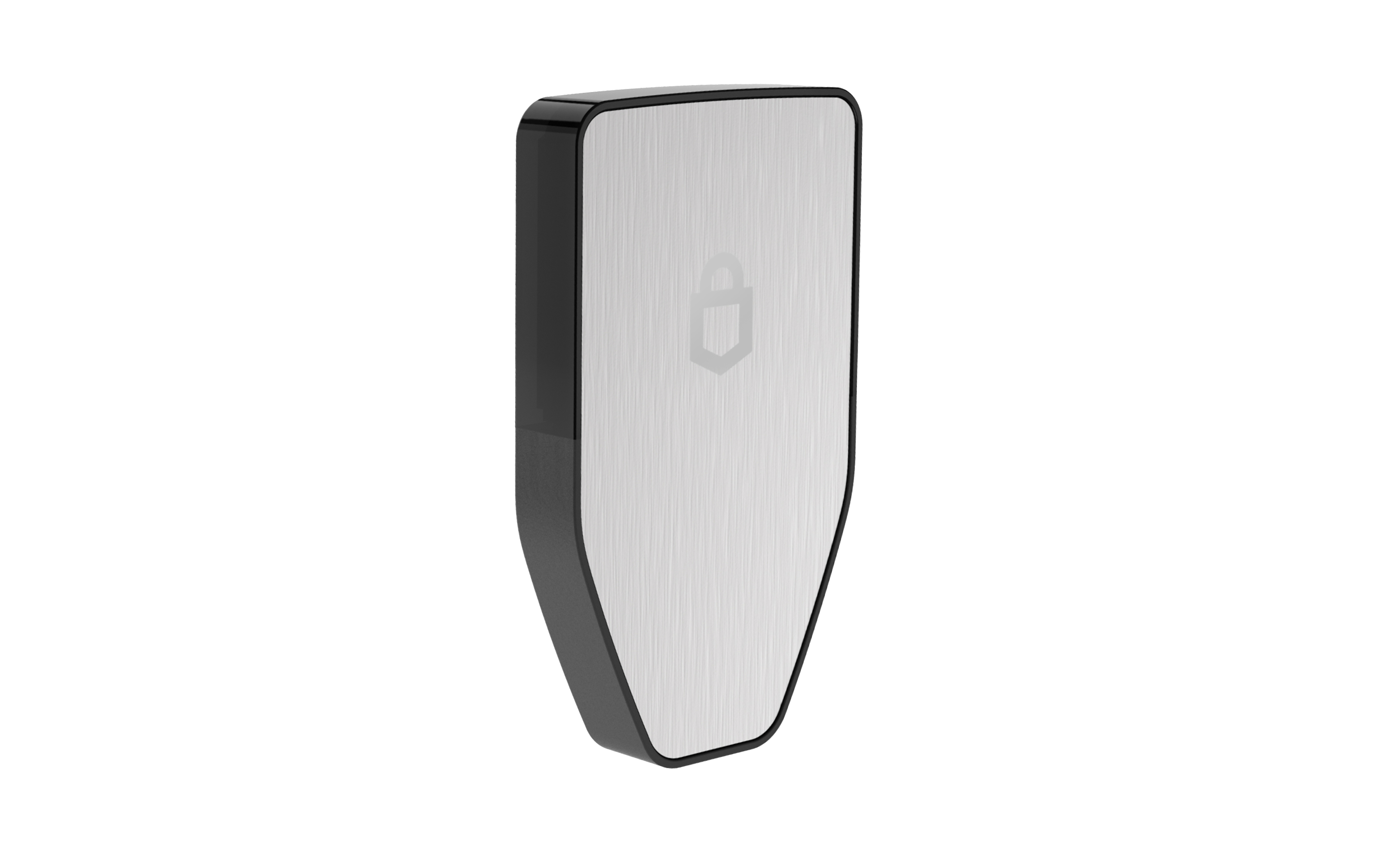 Schildförmiges Smart Lock, silberne Oberfläche, schwarzer Rahmen.