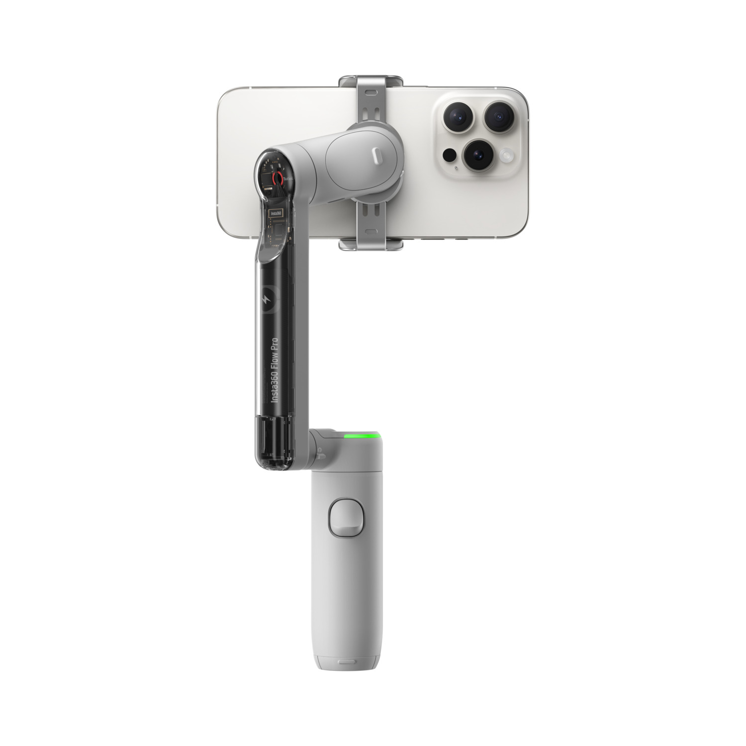 A phone is mounted on a gimbal stabilizer, held upright, isolated on white.