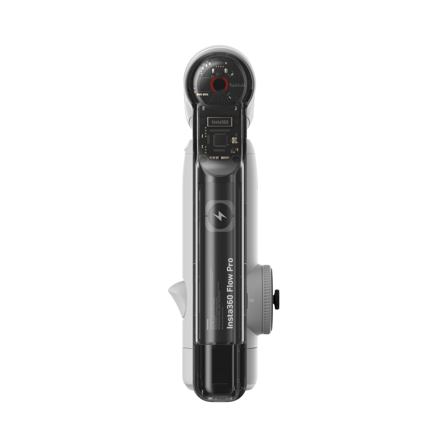 Insta360 Flow Pro device, white and black, with a clear section showing internal components. 