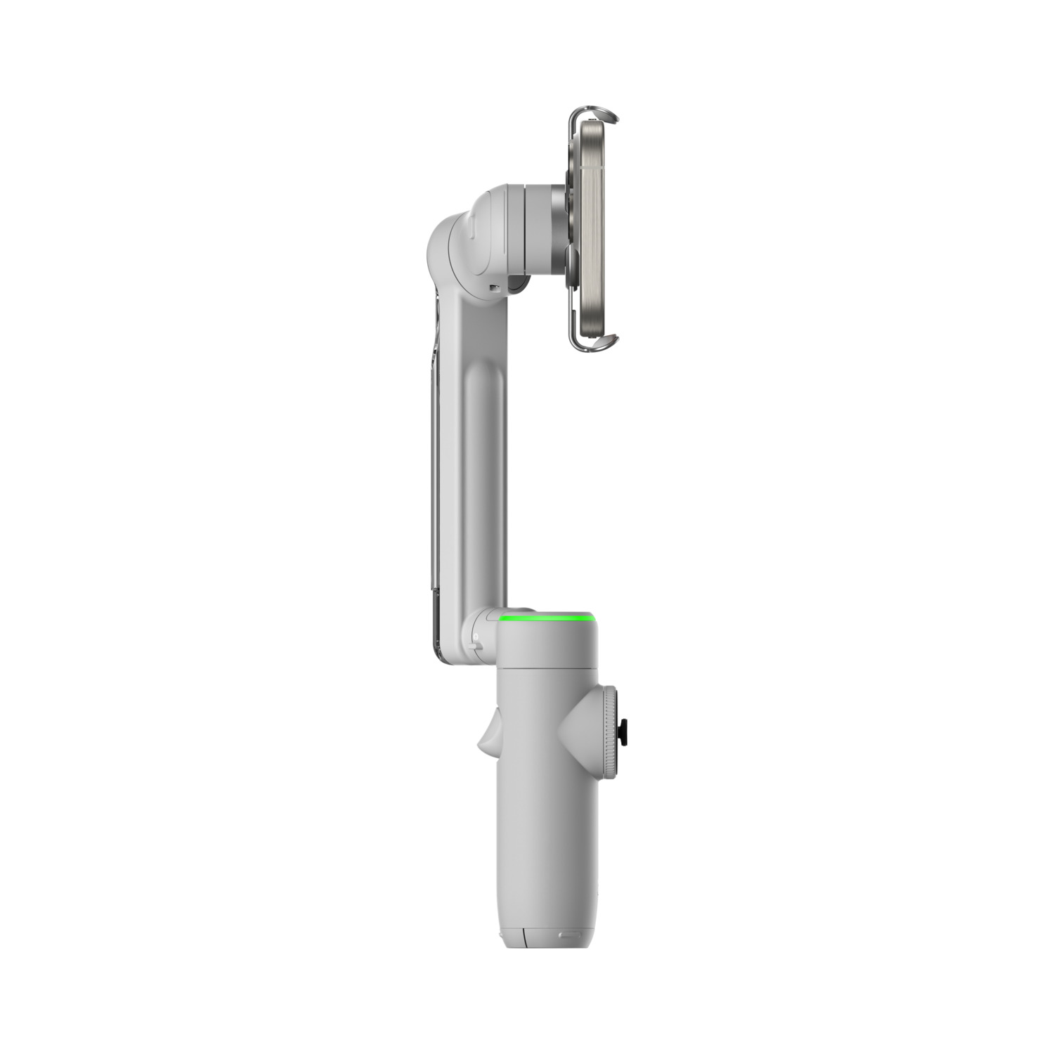 White gimbal for a phone. It is in a vertical position.