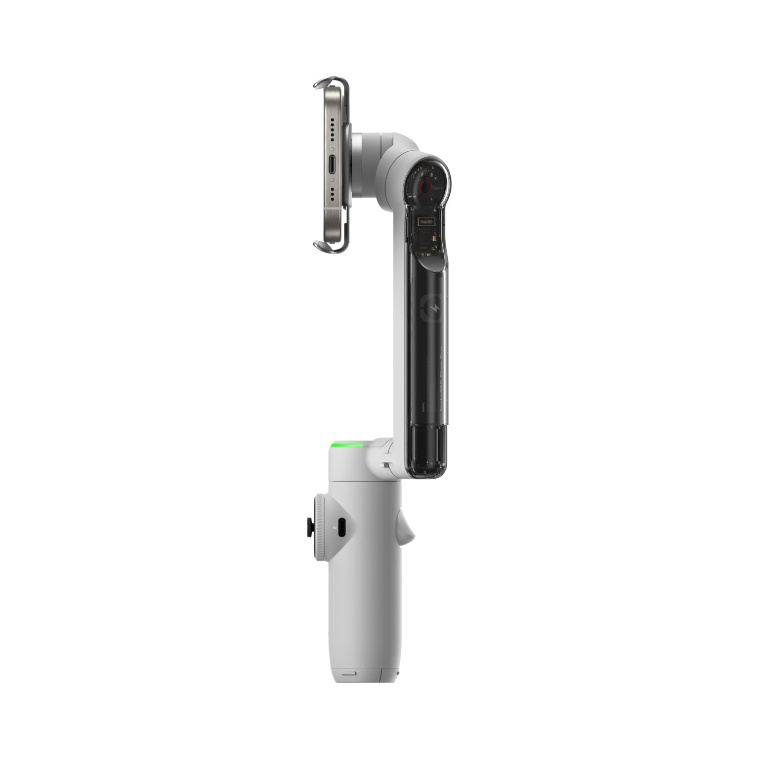 A white and black phone stabilizer with a phone attached. The background is white.