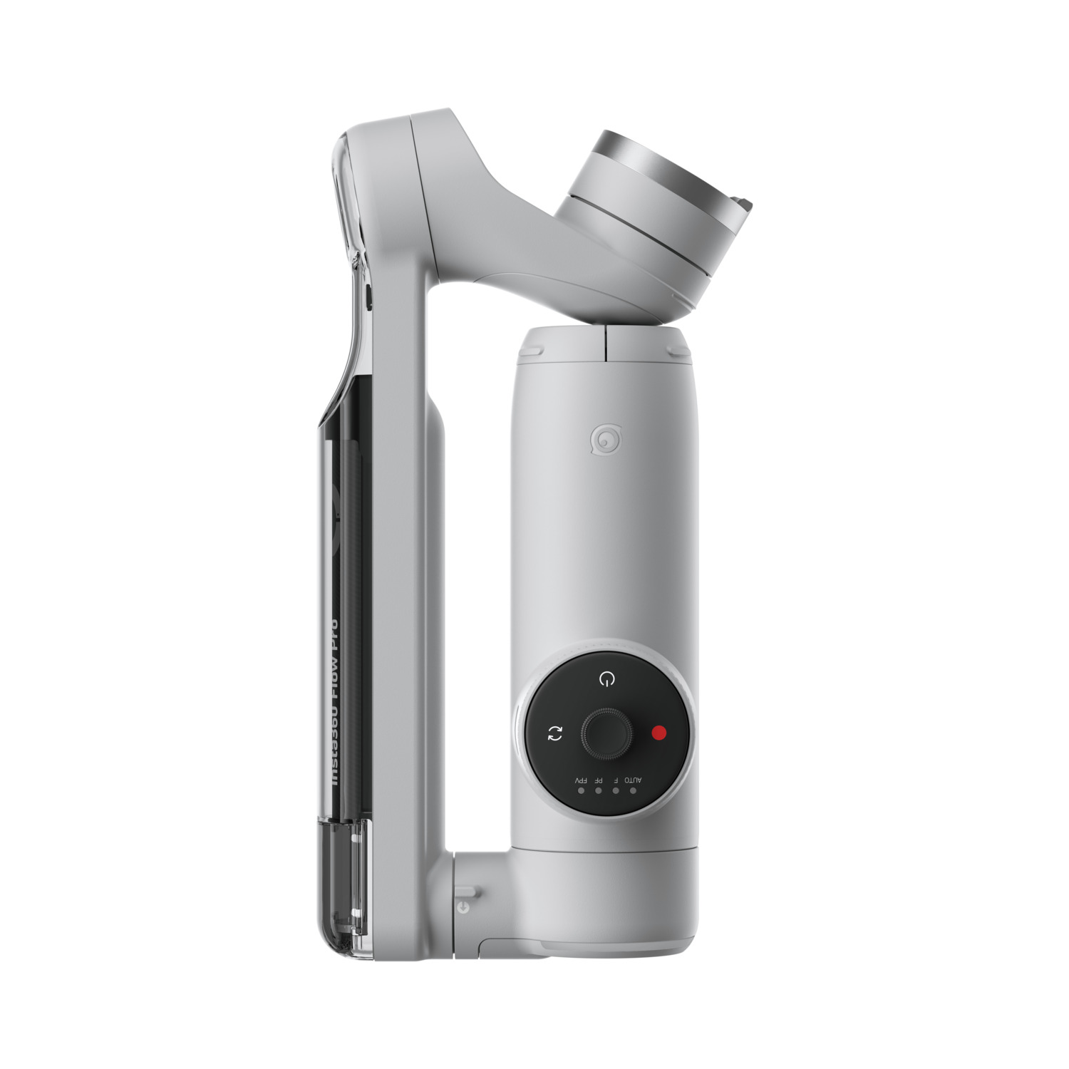 Gray handheld gimbal with control buttons and a screen.