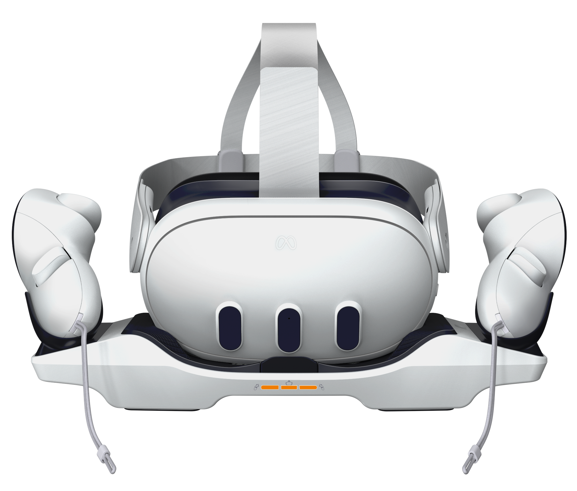 Weißes VR-Headset mit Controllern, eine weiße Basis mit mehreren blauen Ovalen und orangefarbenen Lichtern.