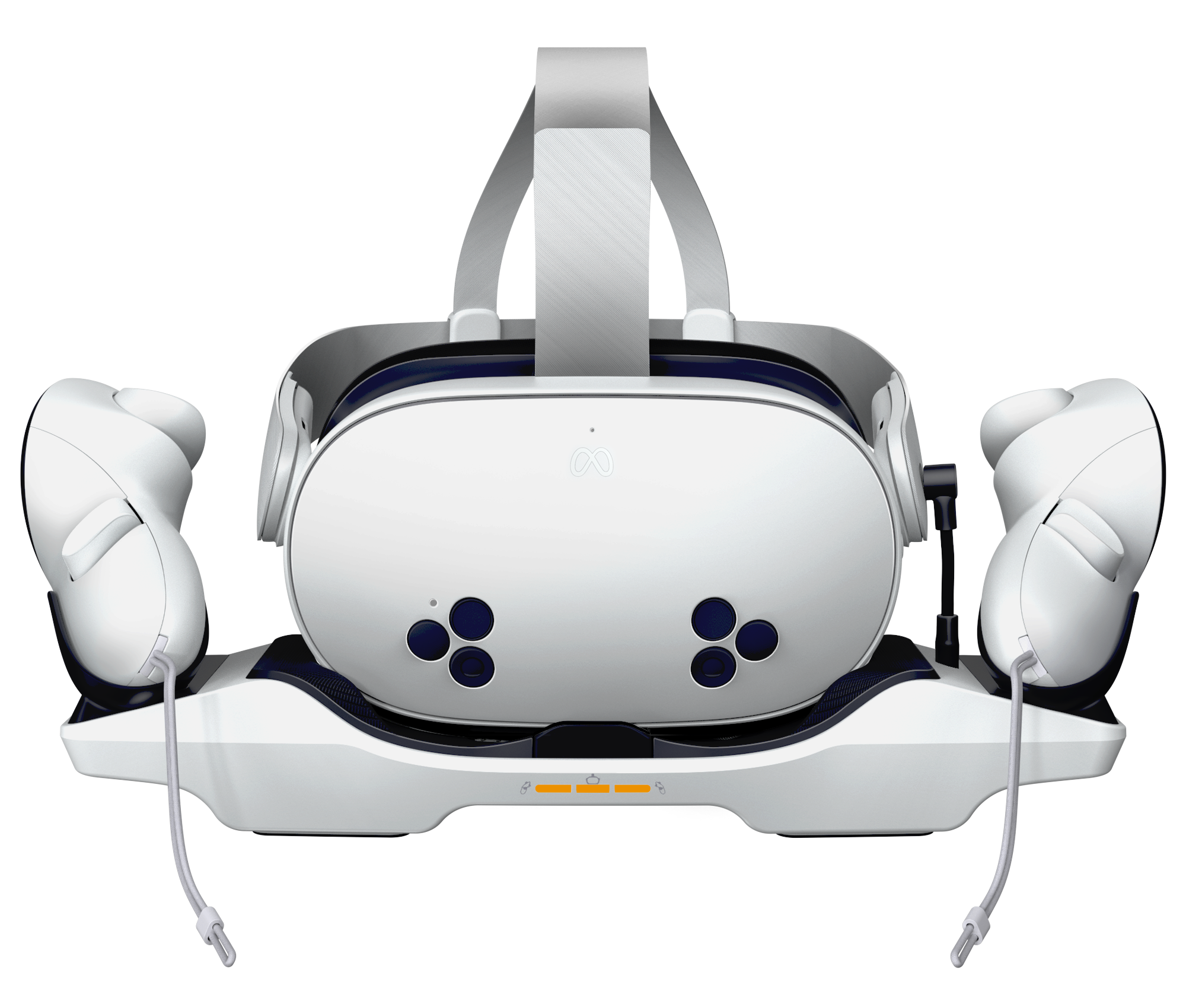 Weißes VR-Headset mit Controllern auf schwarzem Grund.