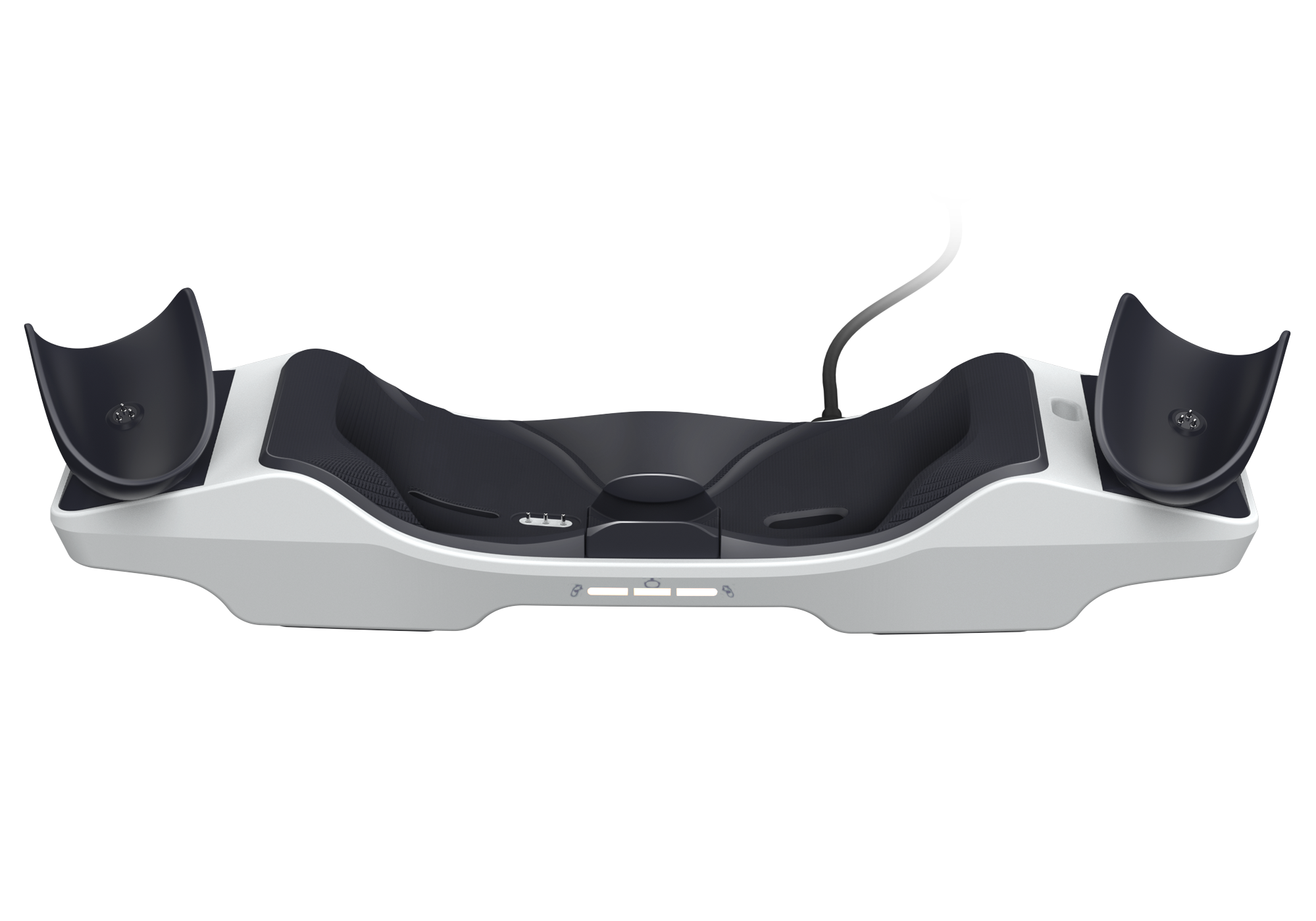 Weißes VR-Headset mit schwarzen Polstern und Bedienelementen, Draufsicht.