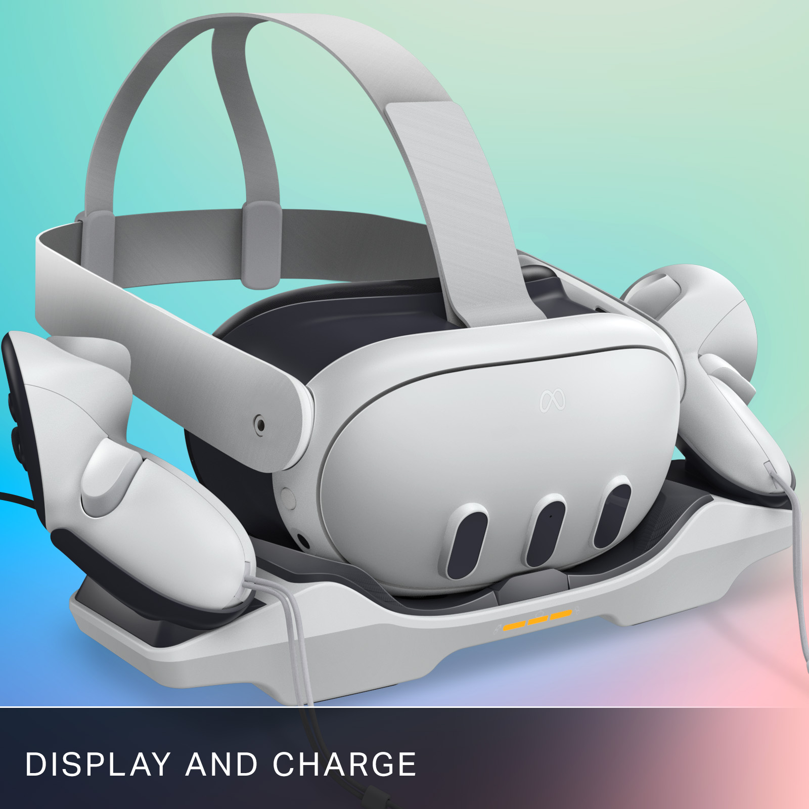 Weißes VR-Headset und Controller auf einer Ladestation, mit Text ANZEIGEN UND LADEN.