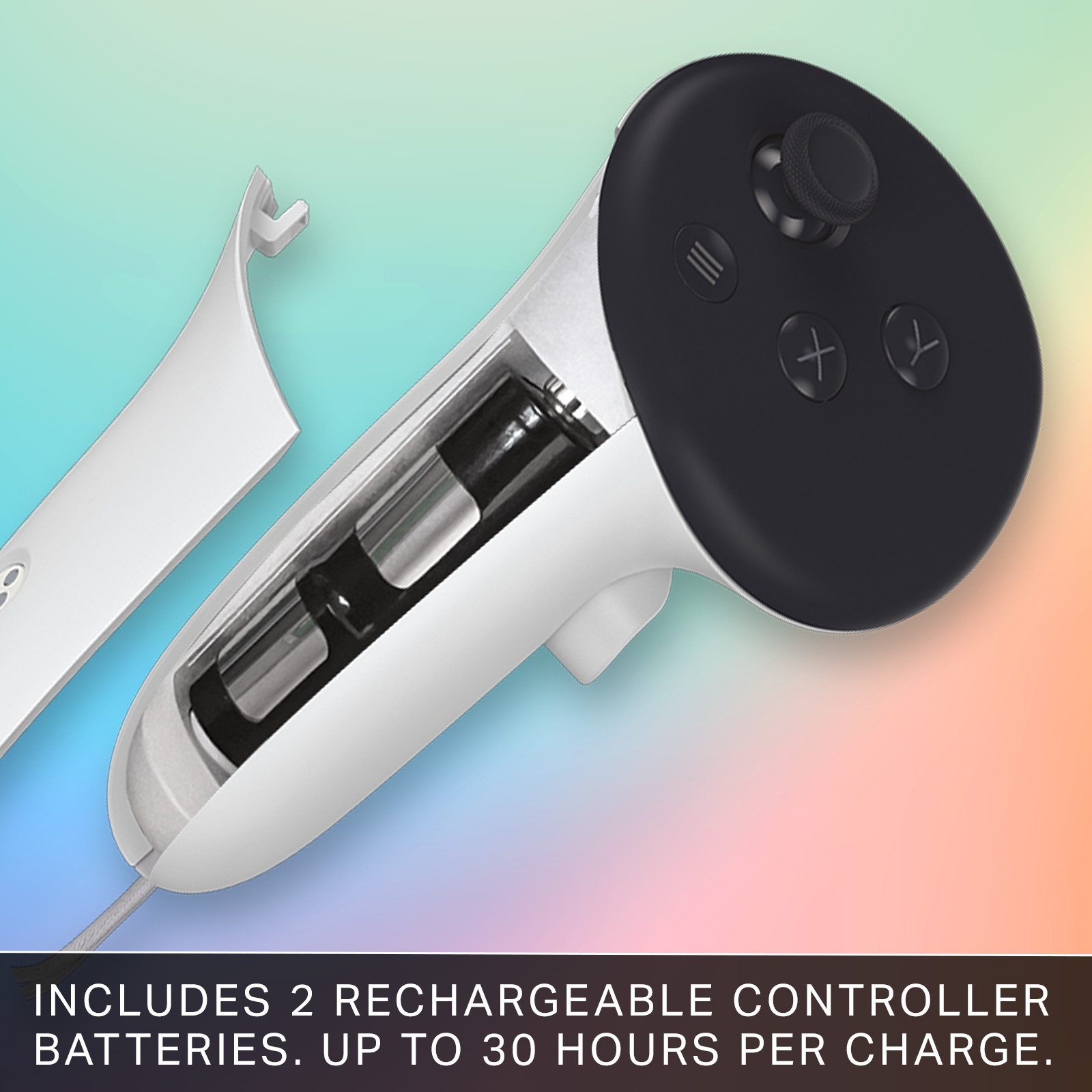 Ein weiß-schwarzer Gamecontroller mit zwei sichtbaren Batterien. Der Controller ist geöffnet.