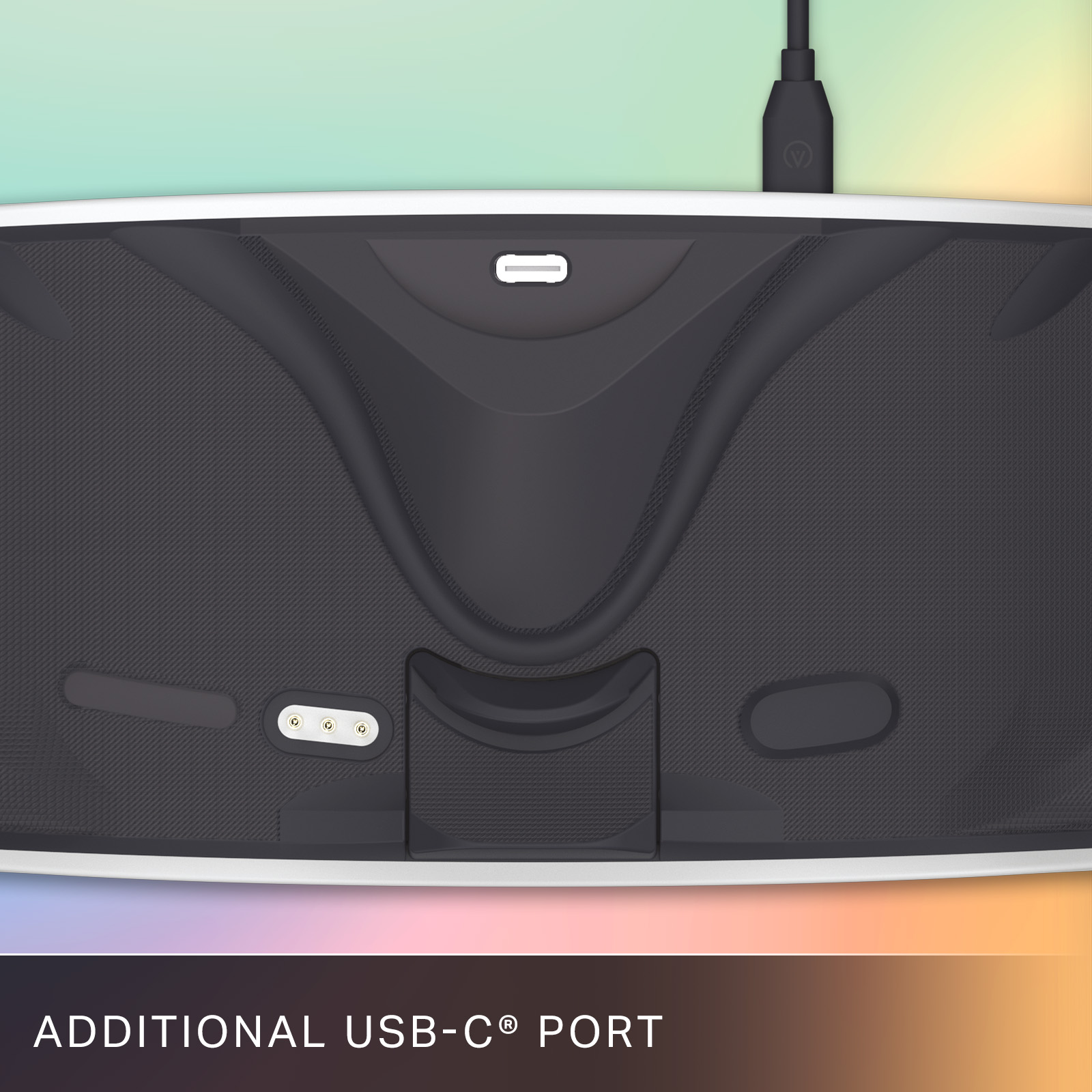 Ein schwarzes Gerät mit einem USB-C-Anschluss, mit den Worten 'Additional USB-C port' am unteren Rand.