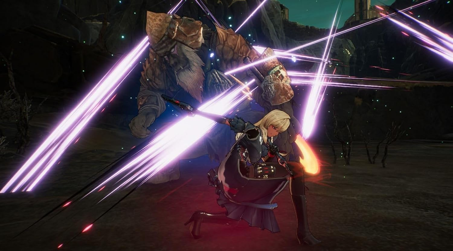 Una mujer lucha contra un gran monstruo en un videojuego, con efectos de energía.