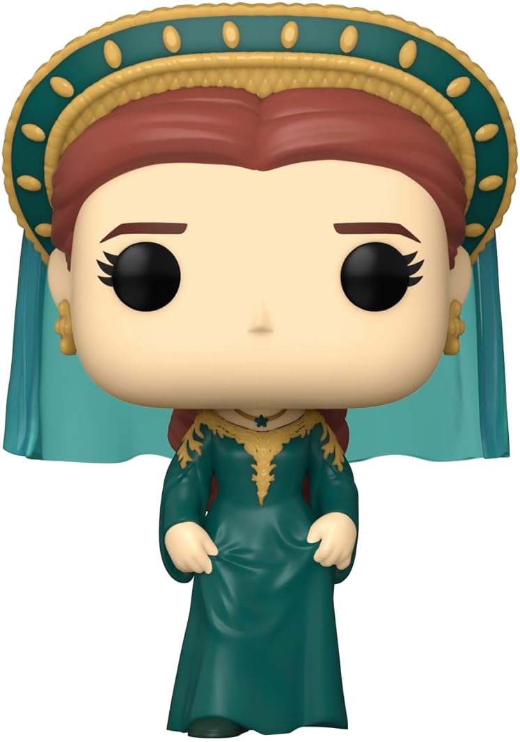 Una figura Funko Pop de una mujer con un vestido verde y una corona y tocado dorados.