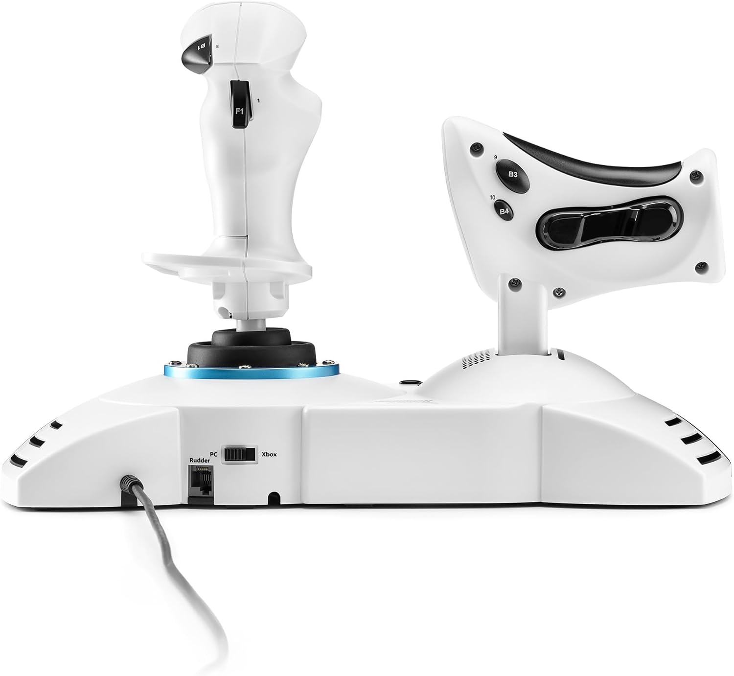 Un joystick de juego blanco con botones negros y una base. La base tiene un cable y puertos.