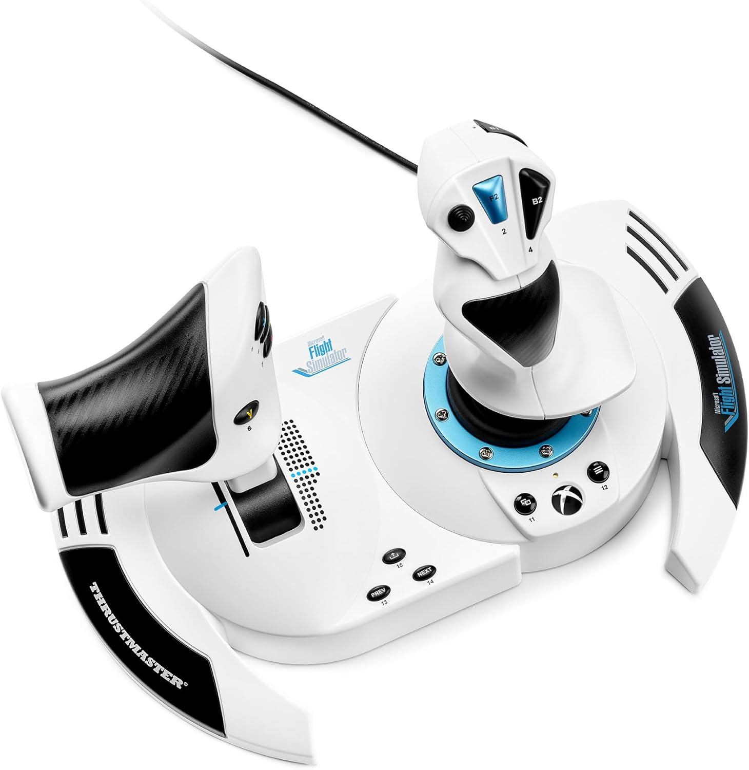 Mando de simulador de vuelo blanco y negro con detalles y botones azules, vista en ángulo.