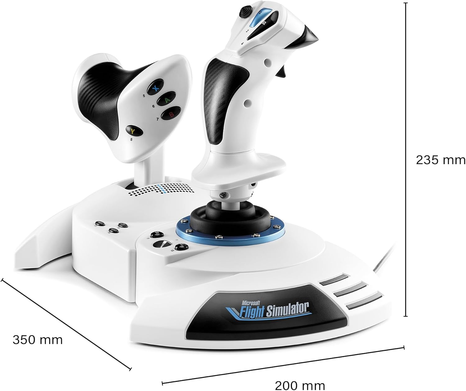 Joystick de simulador de vuelo blanco con detalles en negro. Dimensiones: 350x200x235mm.