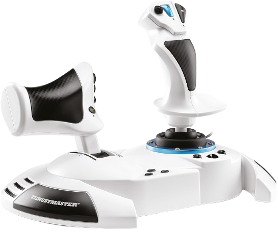 Un joystick blanco y negro con botones y una base. La marca 'Thrustmaster' es visible.