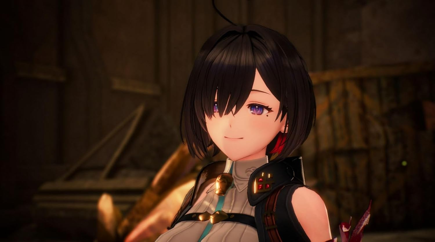 Personaje estilo anime con cabello negro, ojos morados y una sonrisa suave. El fondo está borroso.