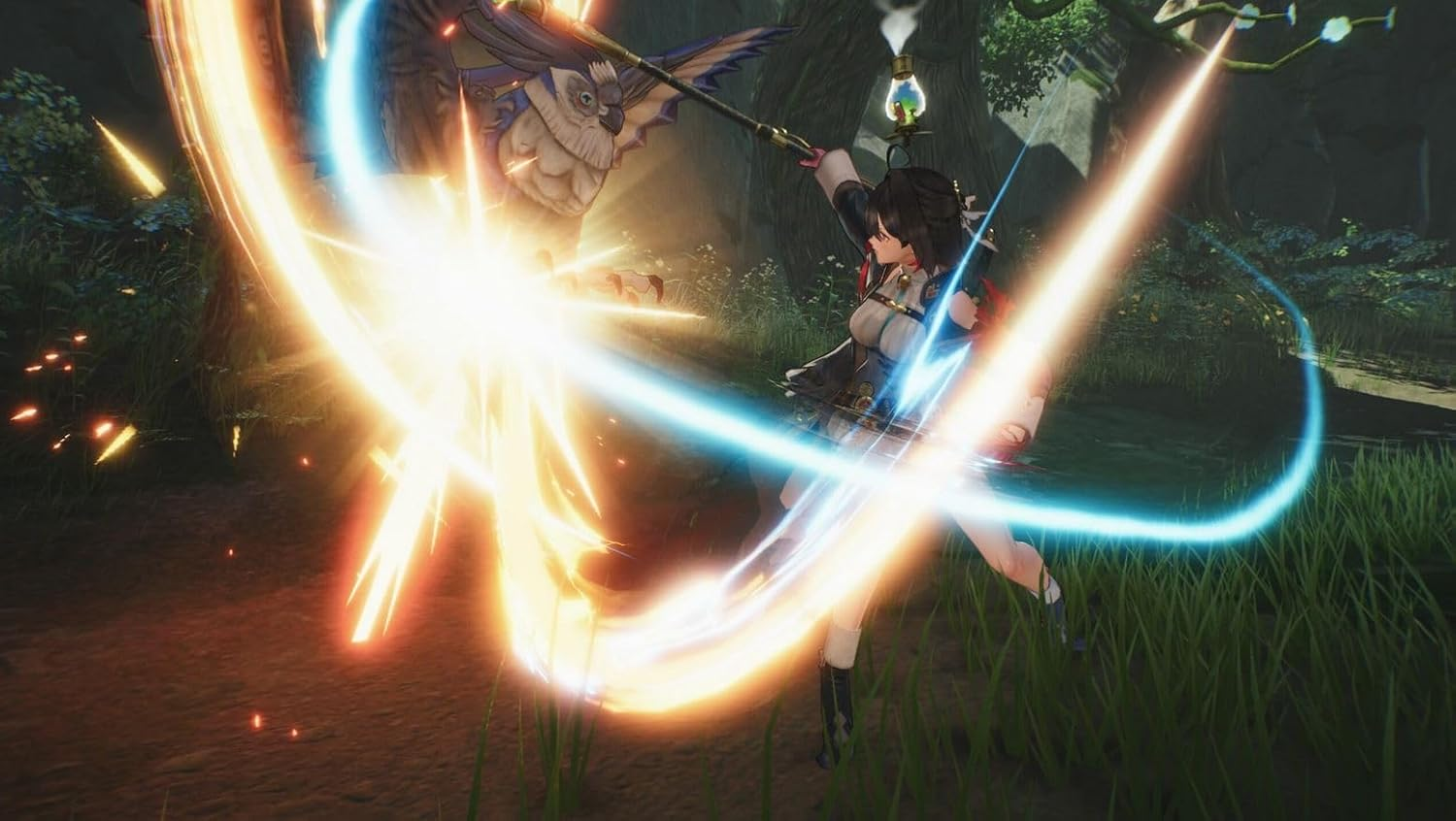 Escena de estilo anime con un personaje luchando contra una criatura. Efectos de luz crean impacto.