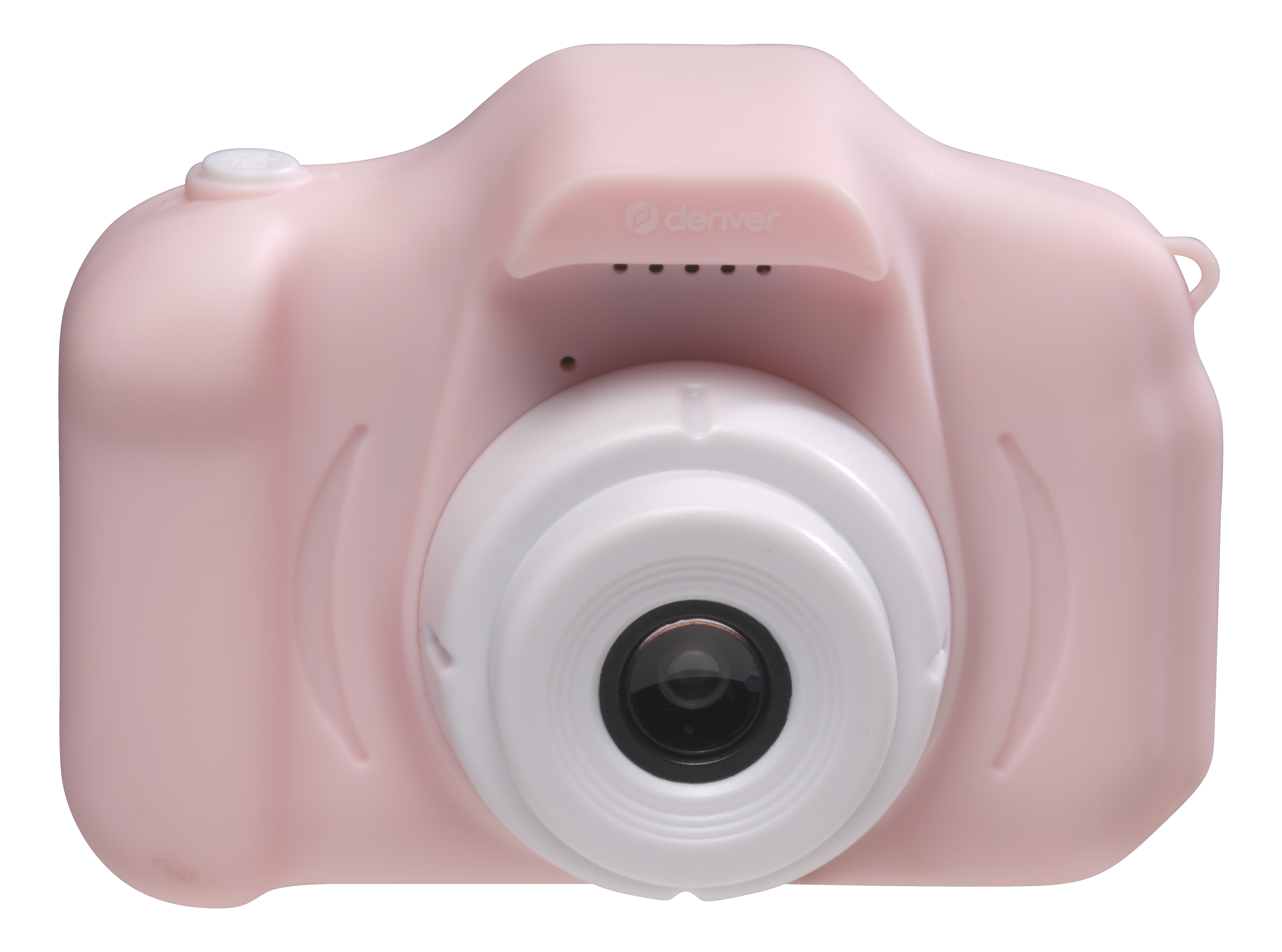 Appareil photo numérique Denver rose. Bords arrondis, design simple, avec objectif et flash. Logo Denver dessus.