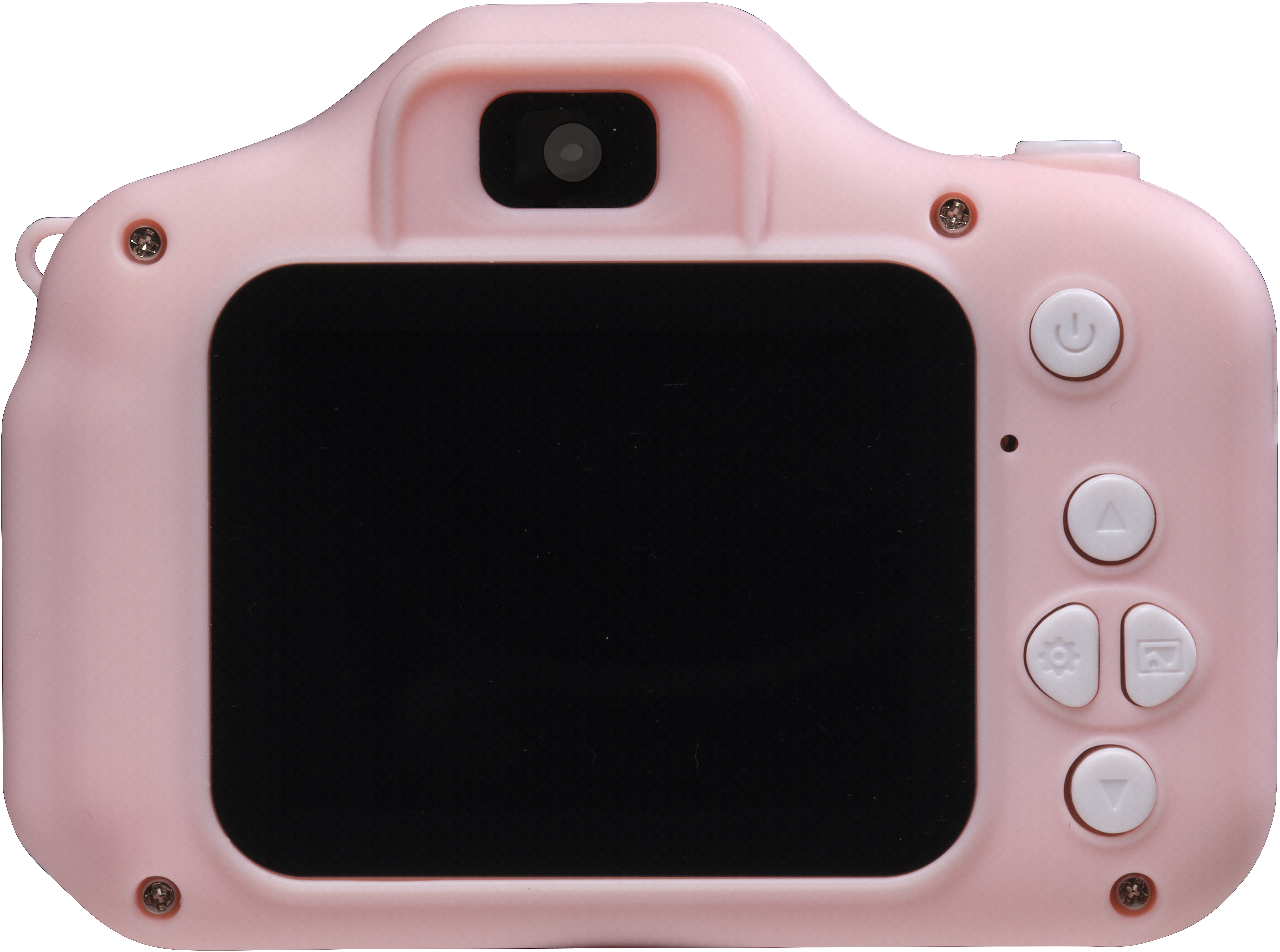 Appareil photo rose pour enfants avec écran noir, boutons et objectif dessus.