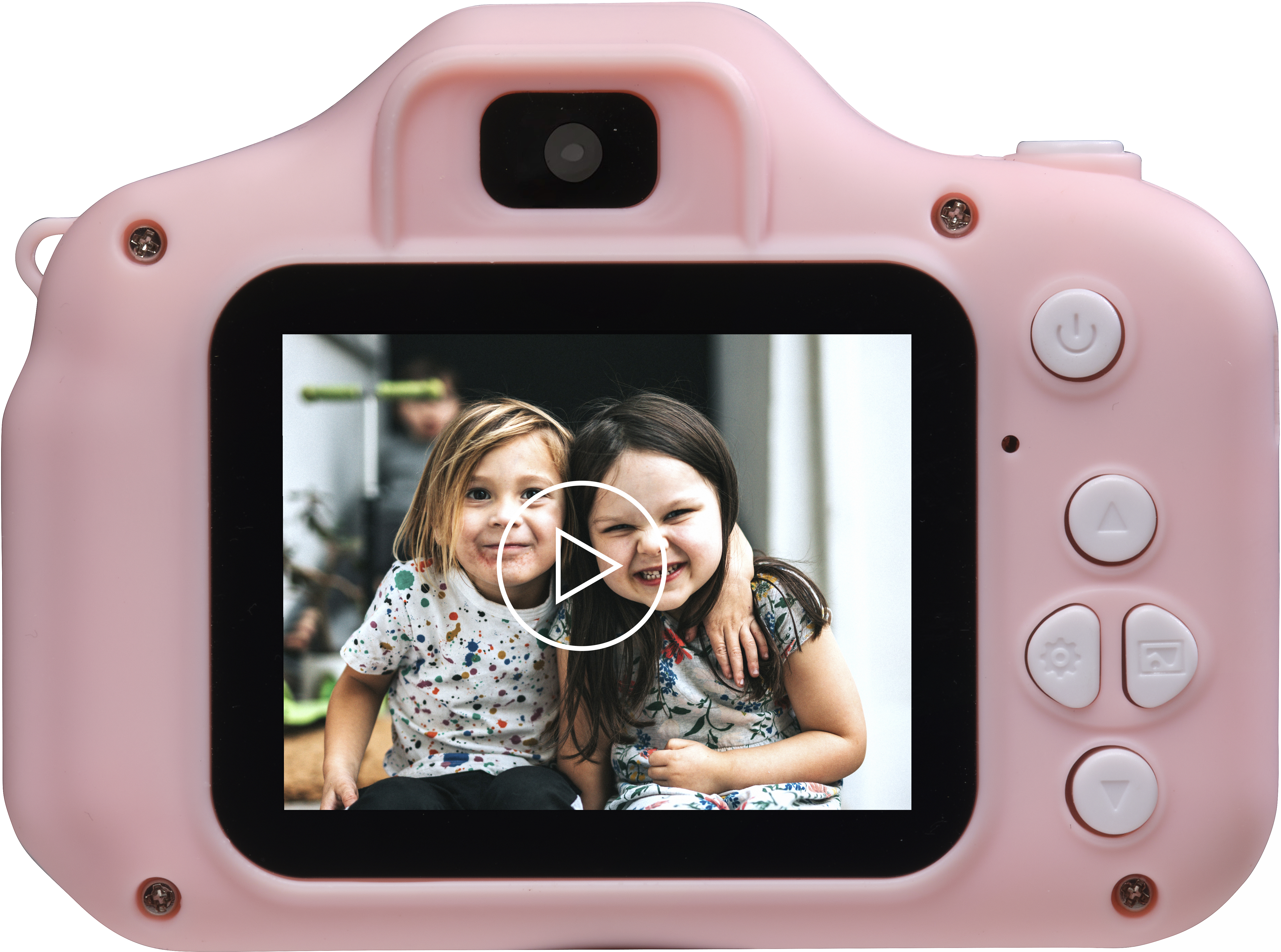 Appareil photo jouet rose avec écran montrant deux enfants souriants. Boutons visibles à droite.