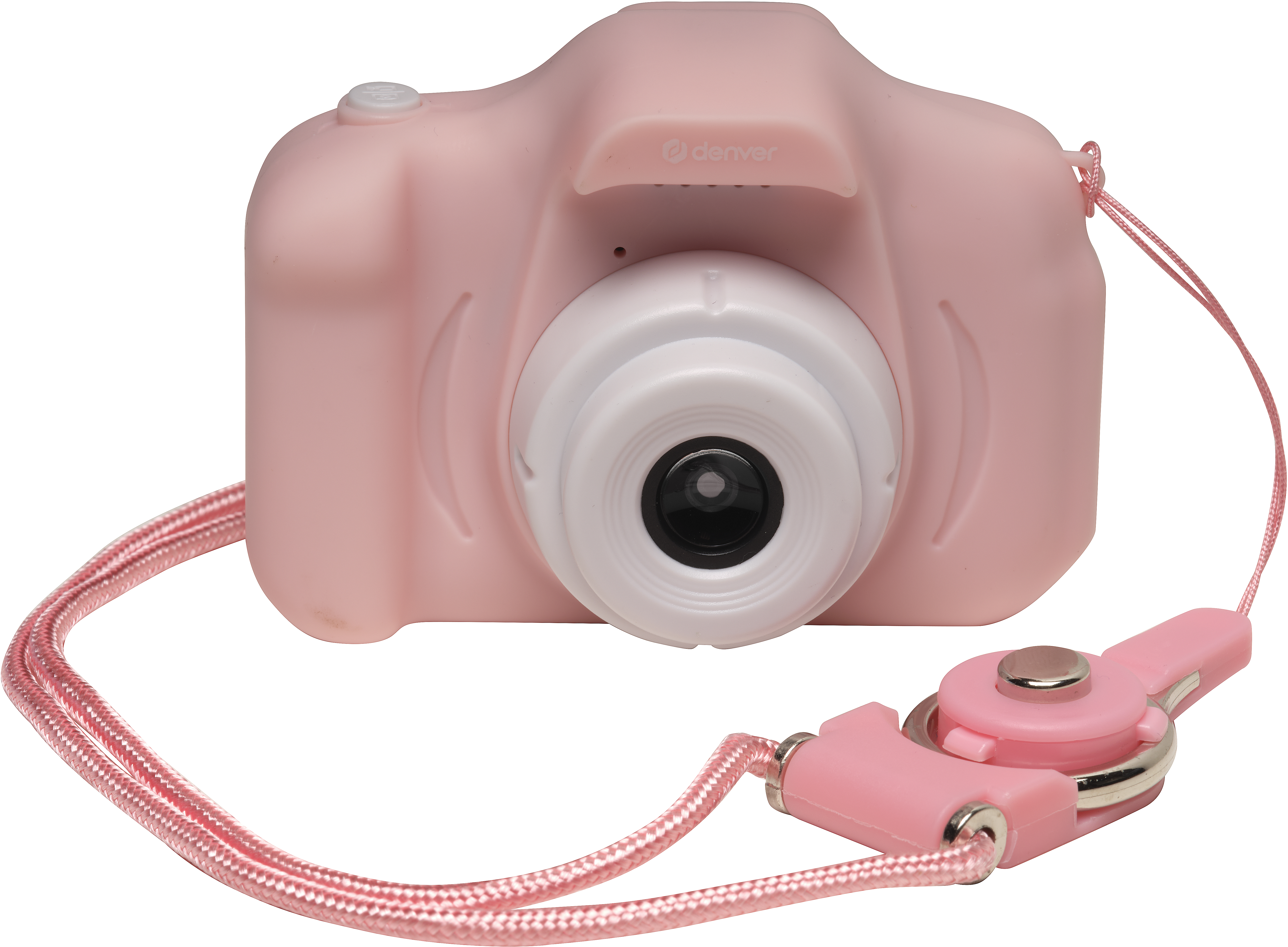 Un appareil photo jouet rose avec une sangle. Il a un objectif et un bouton sur le dessus.